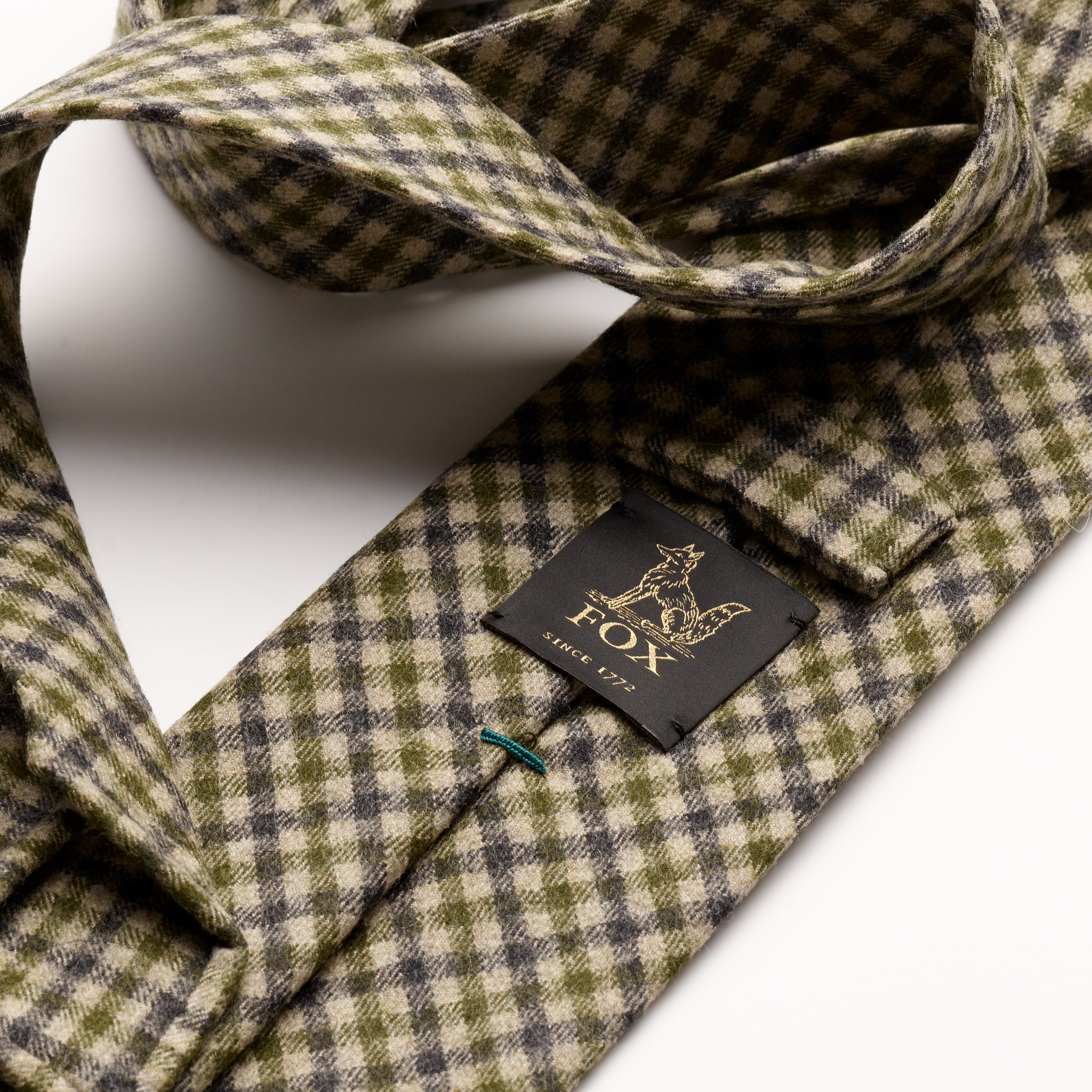 Fox brothers green & Charcoal microcheck flannel tie, close up