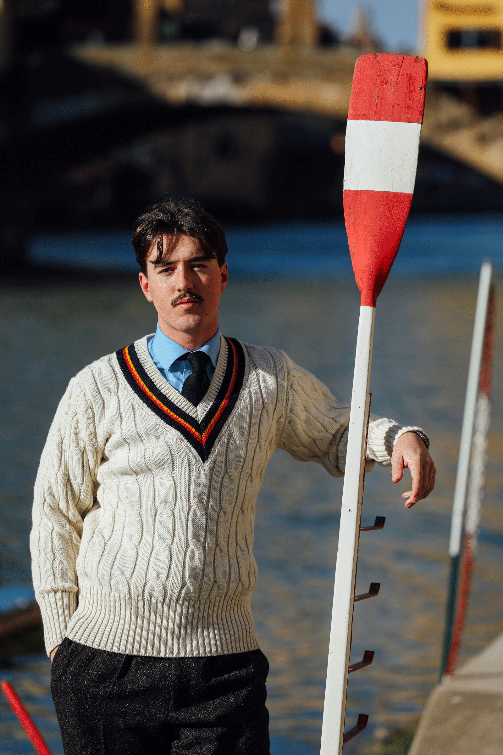 Fox Cricket Club Ecru Sweater with Green & Gold Stripes