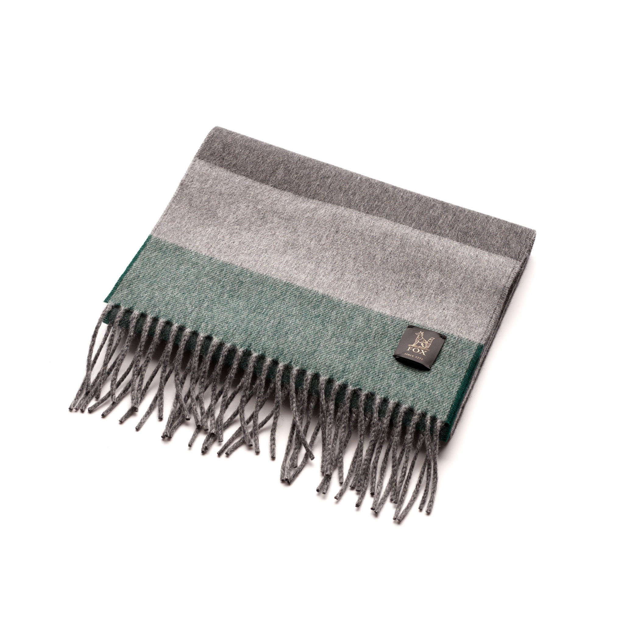 Folded Fox grey and green cashmere and wool brushed scarf
