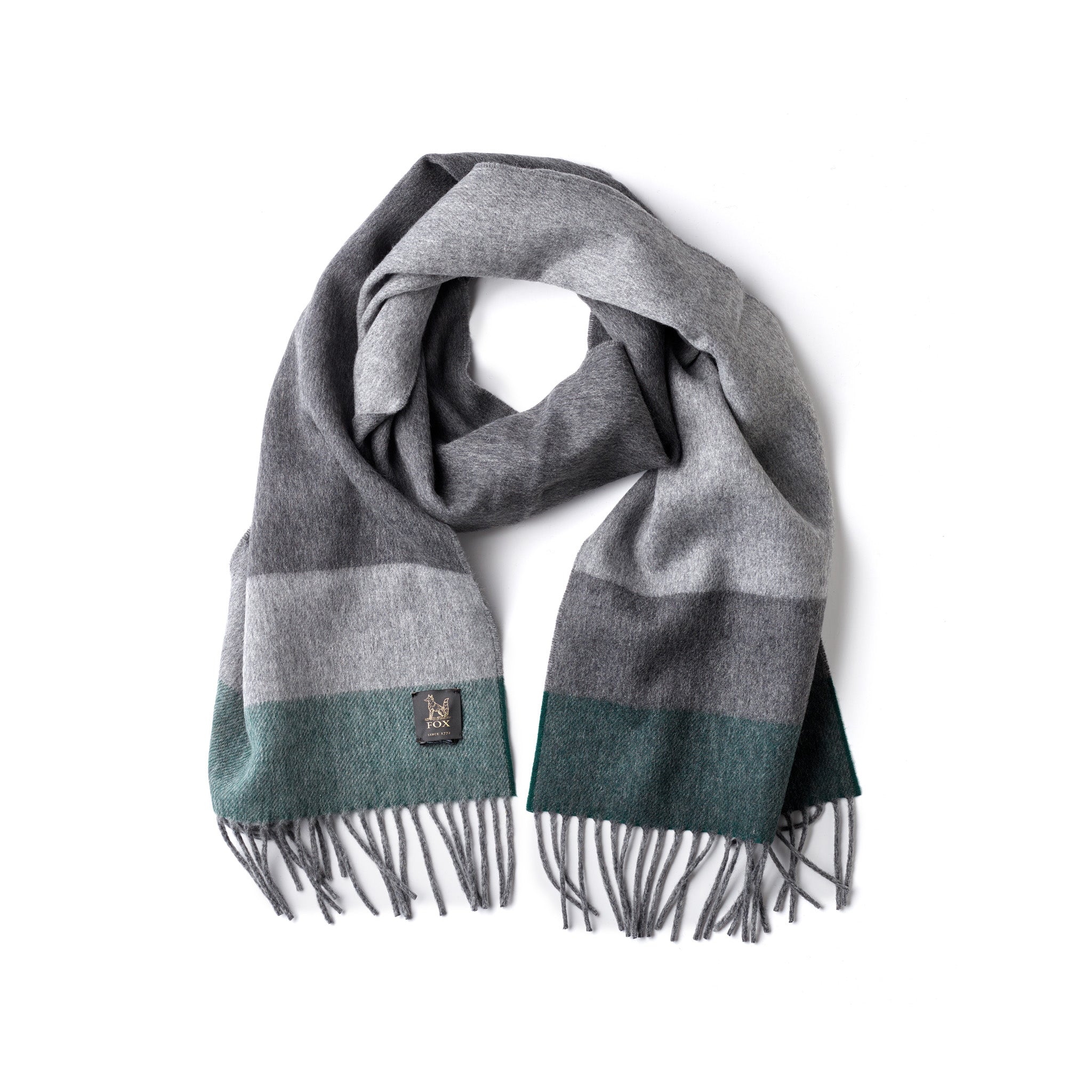 Fox grey and green cashmere and wool brushed scarf on white background