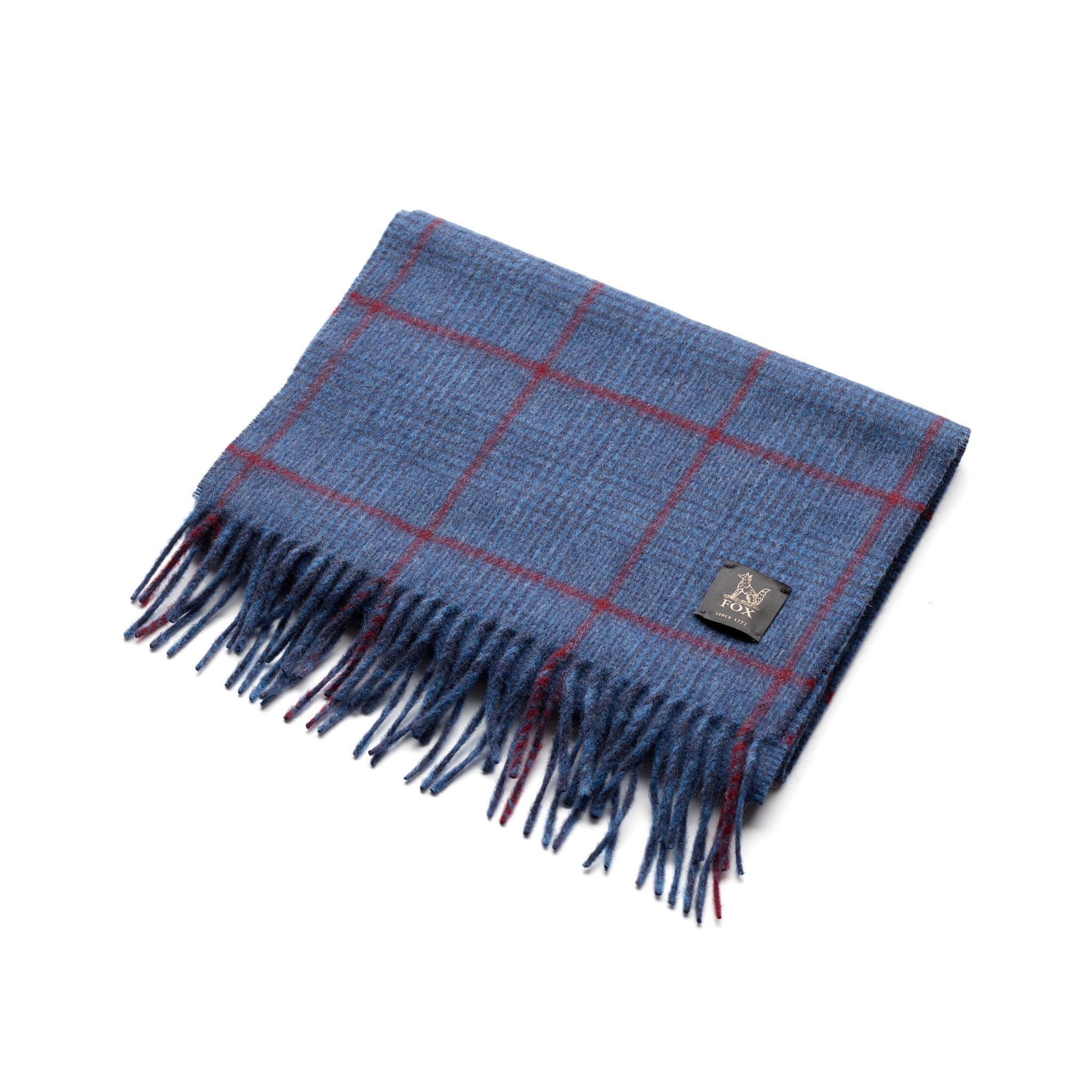 Folded Fox navy heather and crimson cashmere scarf showing check pattern and tasselled hem