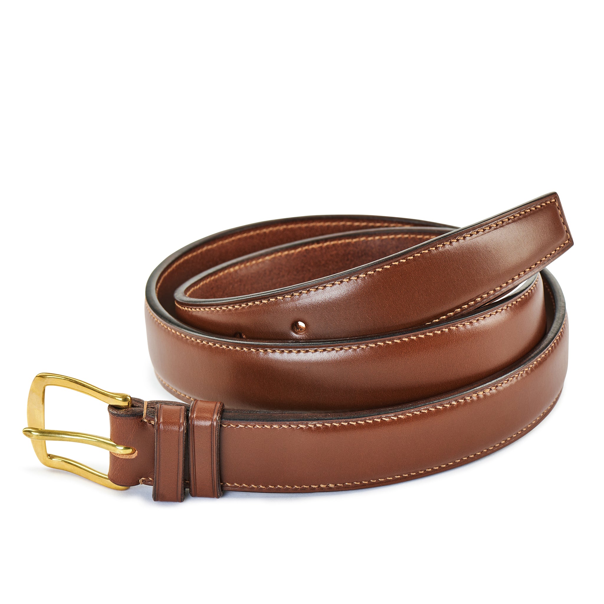 Raised chestnut bridle leather belt with stitched edge and brass buckle