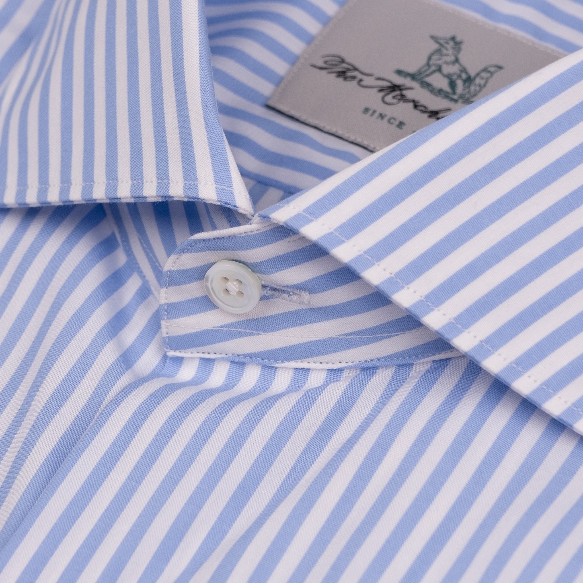 The Niven Fox Classic Sky Blue Bengal Stripe Shirt front button detail