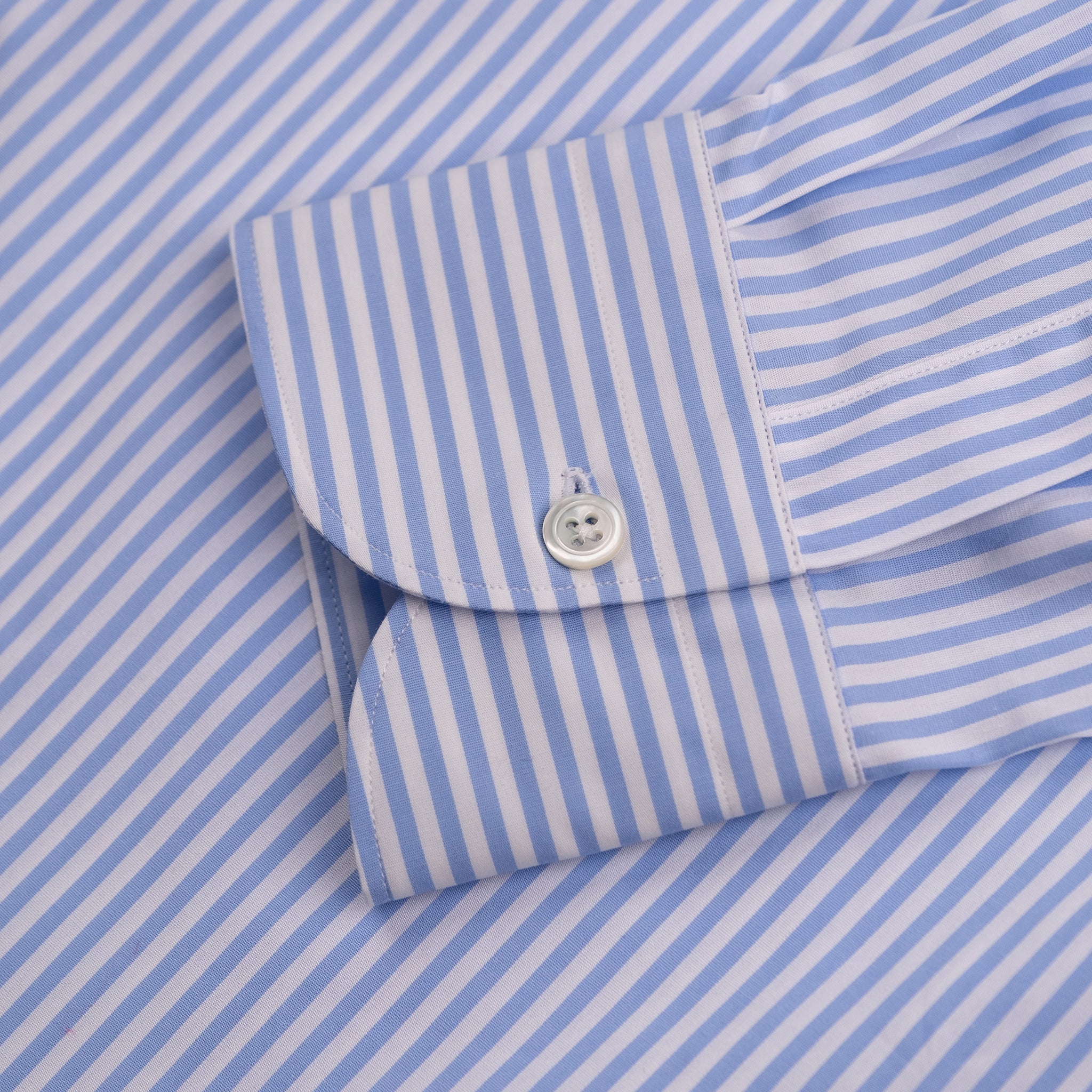 The Niven Fox Classic Sky Blue Bengal Stripe Shirt cuff detail