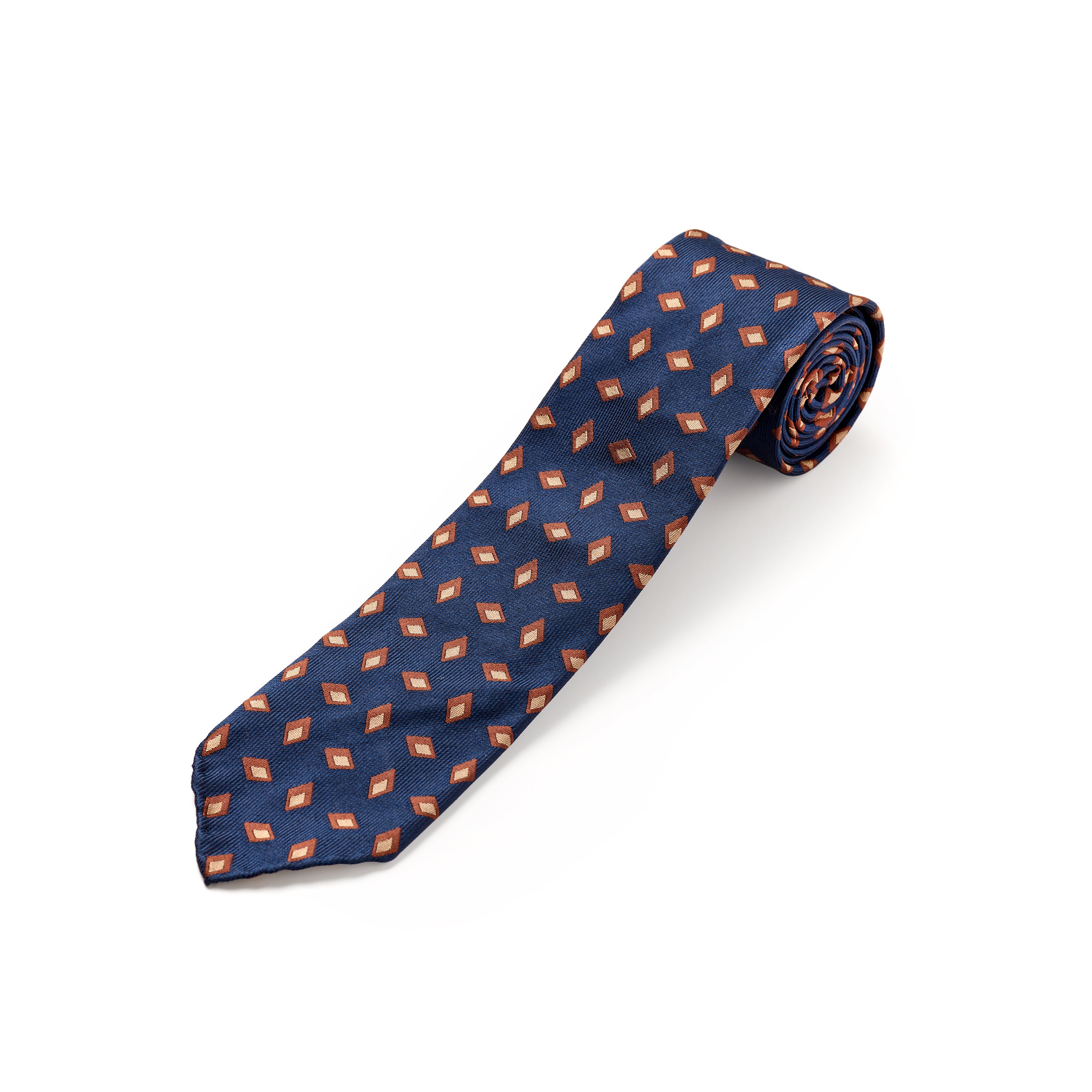 Paolo Albizzati 3 fold Dark Navy with large chestnut foulard woven silk tie.