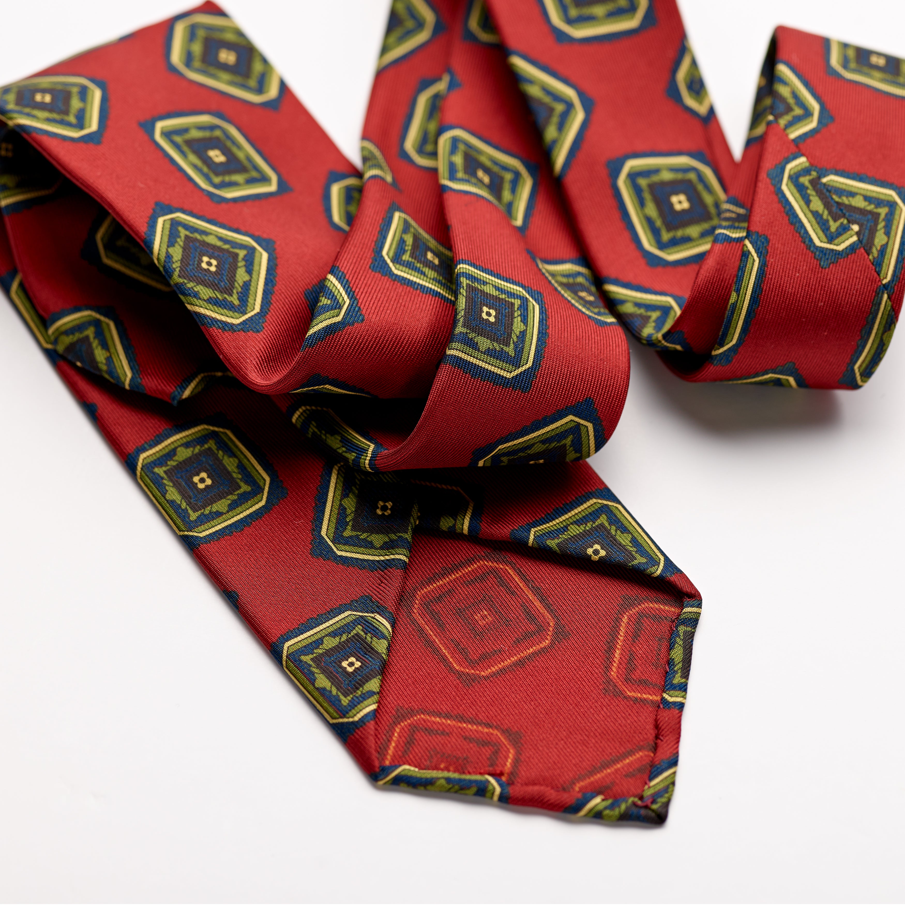 Fox British Silk Maroon Red, Lime Green and Royal Blue Foulard Tie