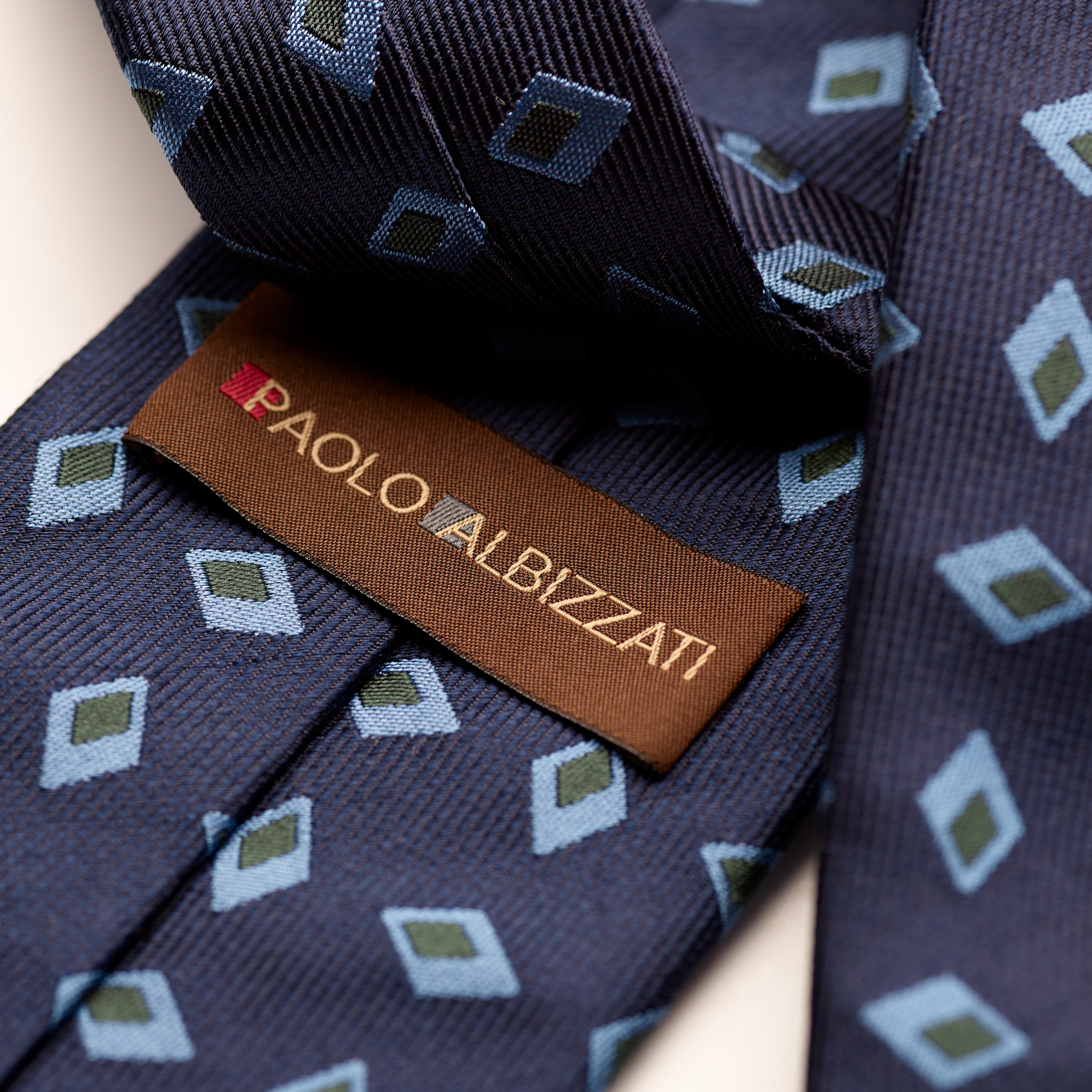 Paolo Albizzati 3 fold Navy with bright blue and green foulard woven silk tie.