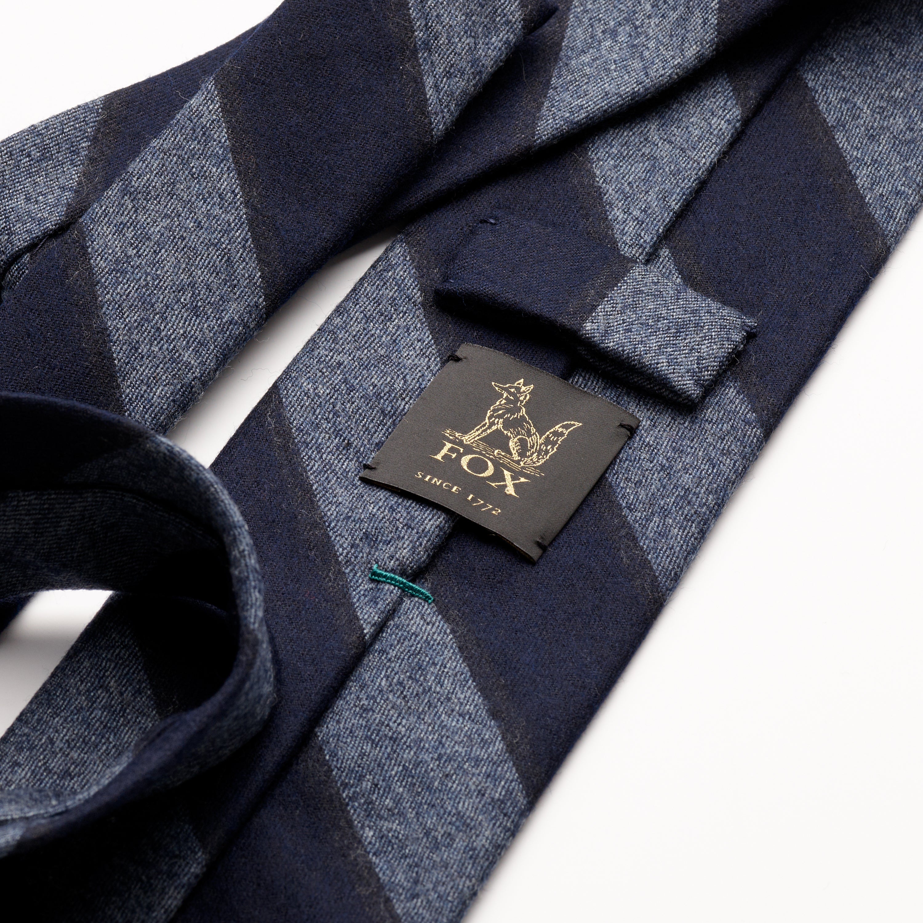 Fox Brothers Navy & Denim Boating Stripe flannel tie, close up