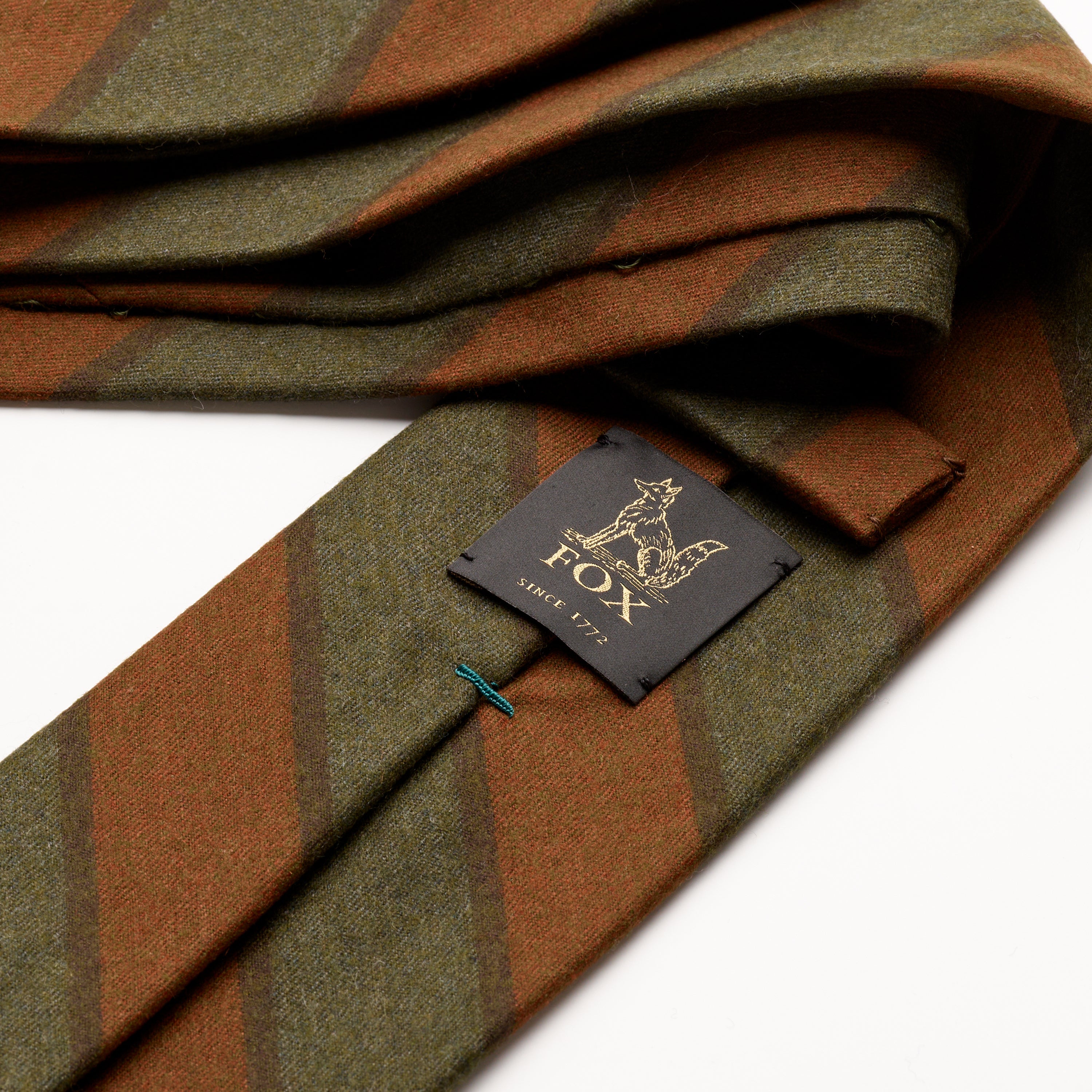 Fox brothers Green and Brown boating strip flannel tie, close up