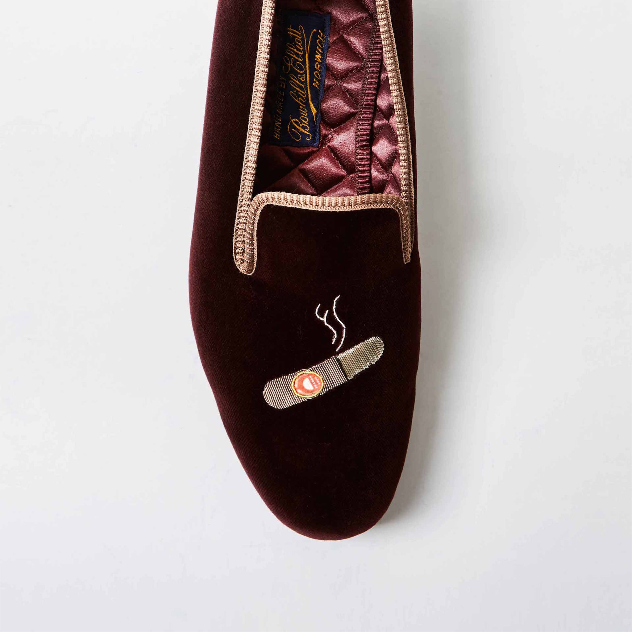 Brown Velvet Albert Slipper with Embroidered Cuban Cigar, embroidery detail on vamp