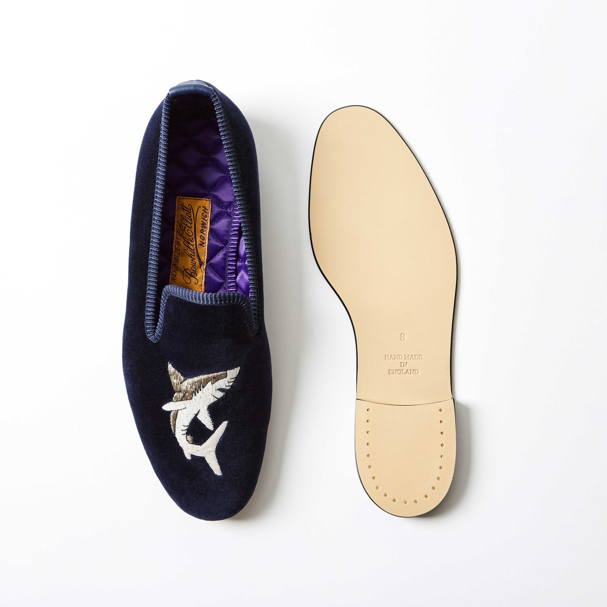 Navy Velvet Albert Slipper with Embroidered Shark, leather sole view