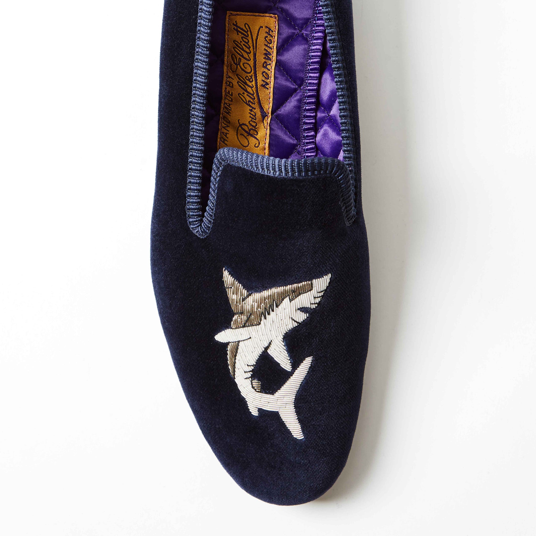 Navy Velvet Albert Slipper with Embroidered Shark, embroidery detail on vamp