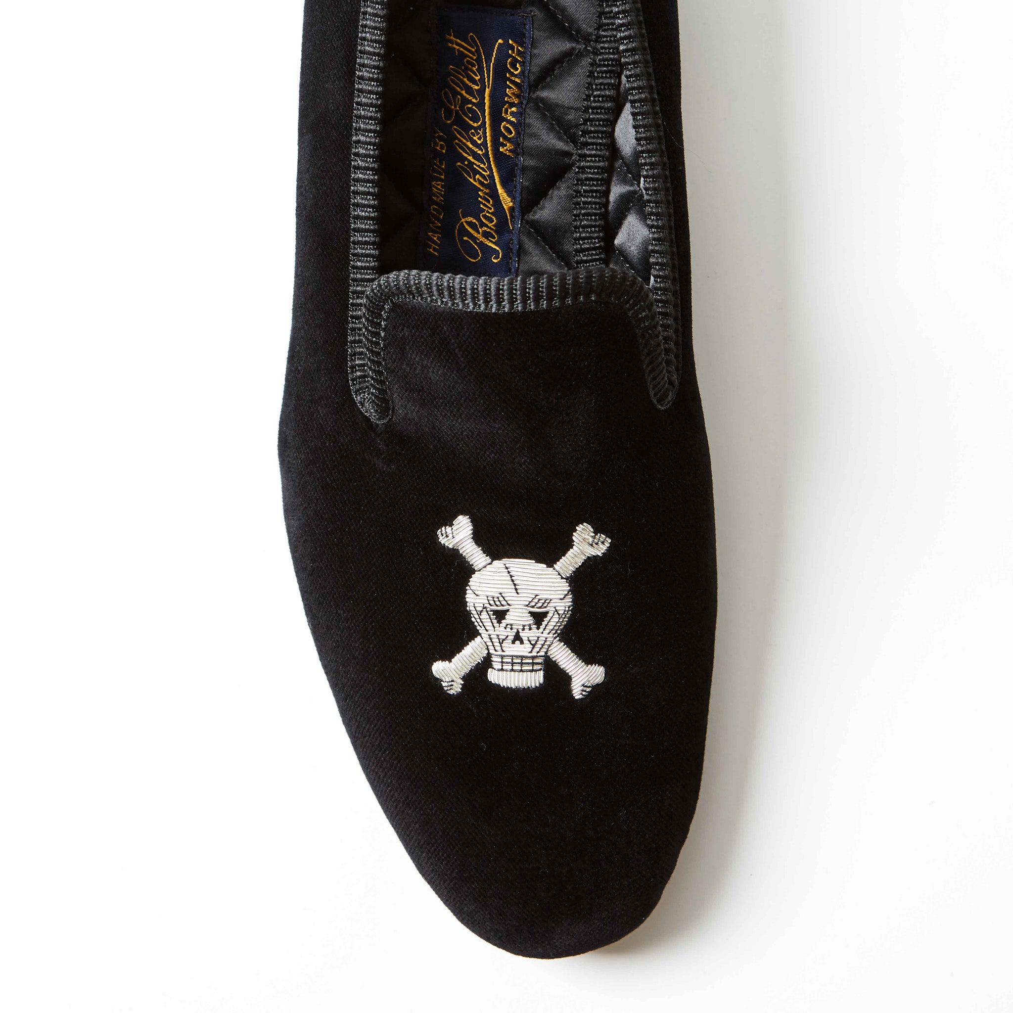 Black Velvet Albert Slipper with Embroidered Skull & Crossbones, embroidery detail on vamp