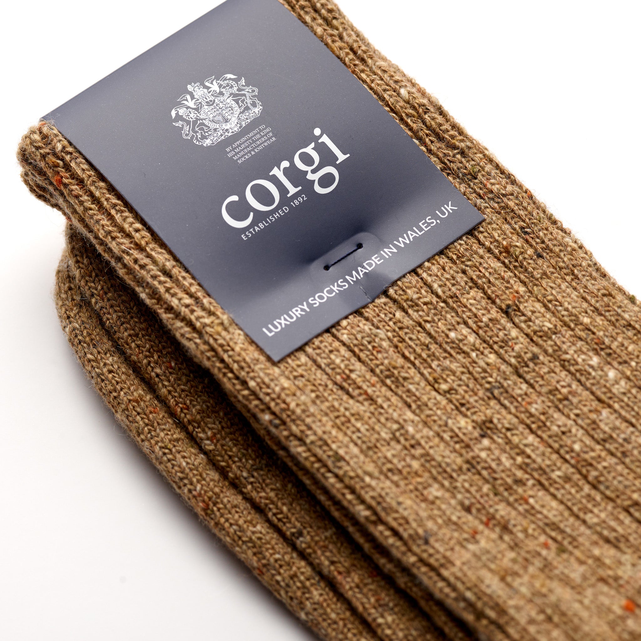 Corgi Heavyweight Plain Donegal Socks in Caramel label close-up