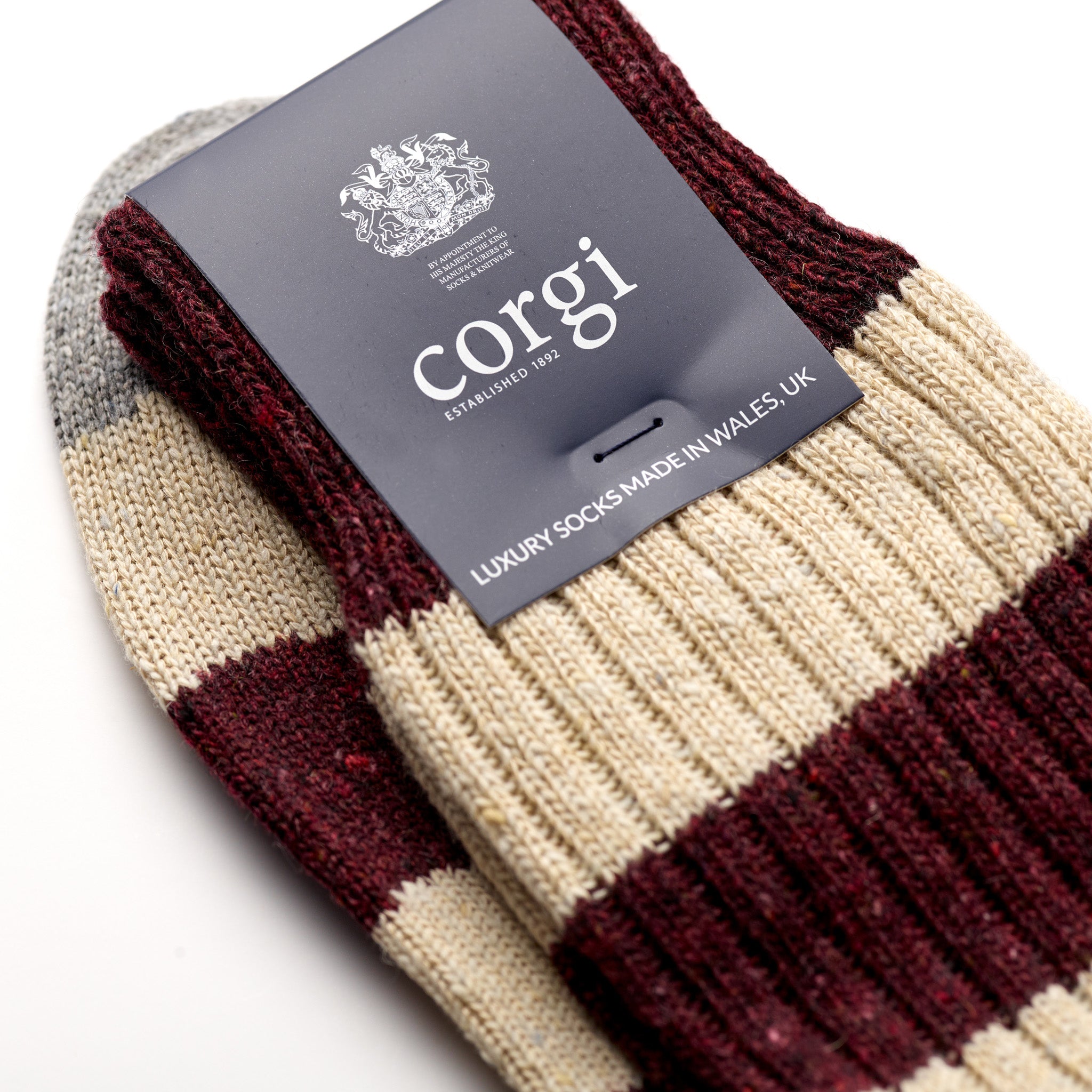 Corgi Heavyweight Donegal Rugby Striped Socks in Port label close-up