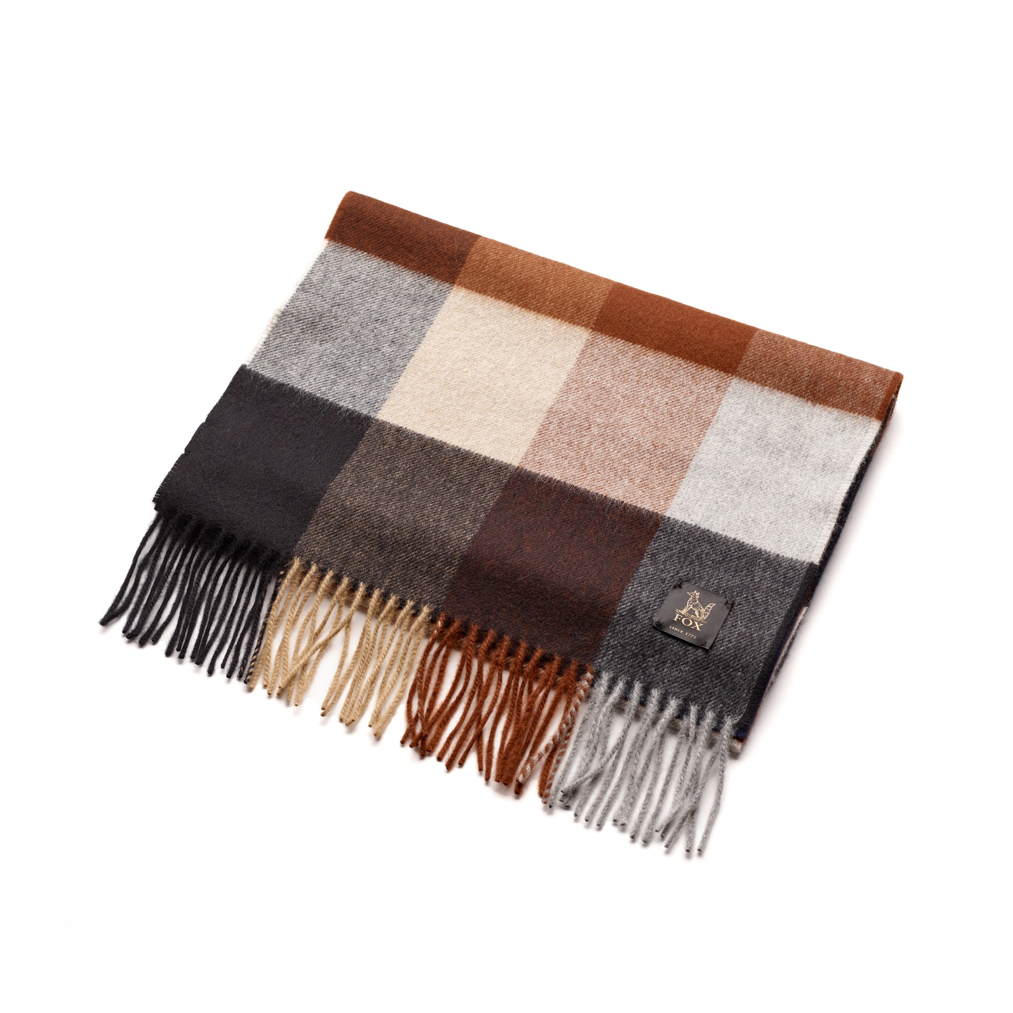 Fox Brown and Navy Cashmere & Wool Check Scarf folded to show large-scale check and tasselled hem