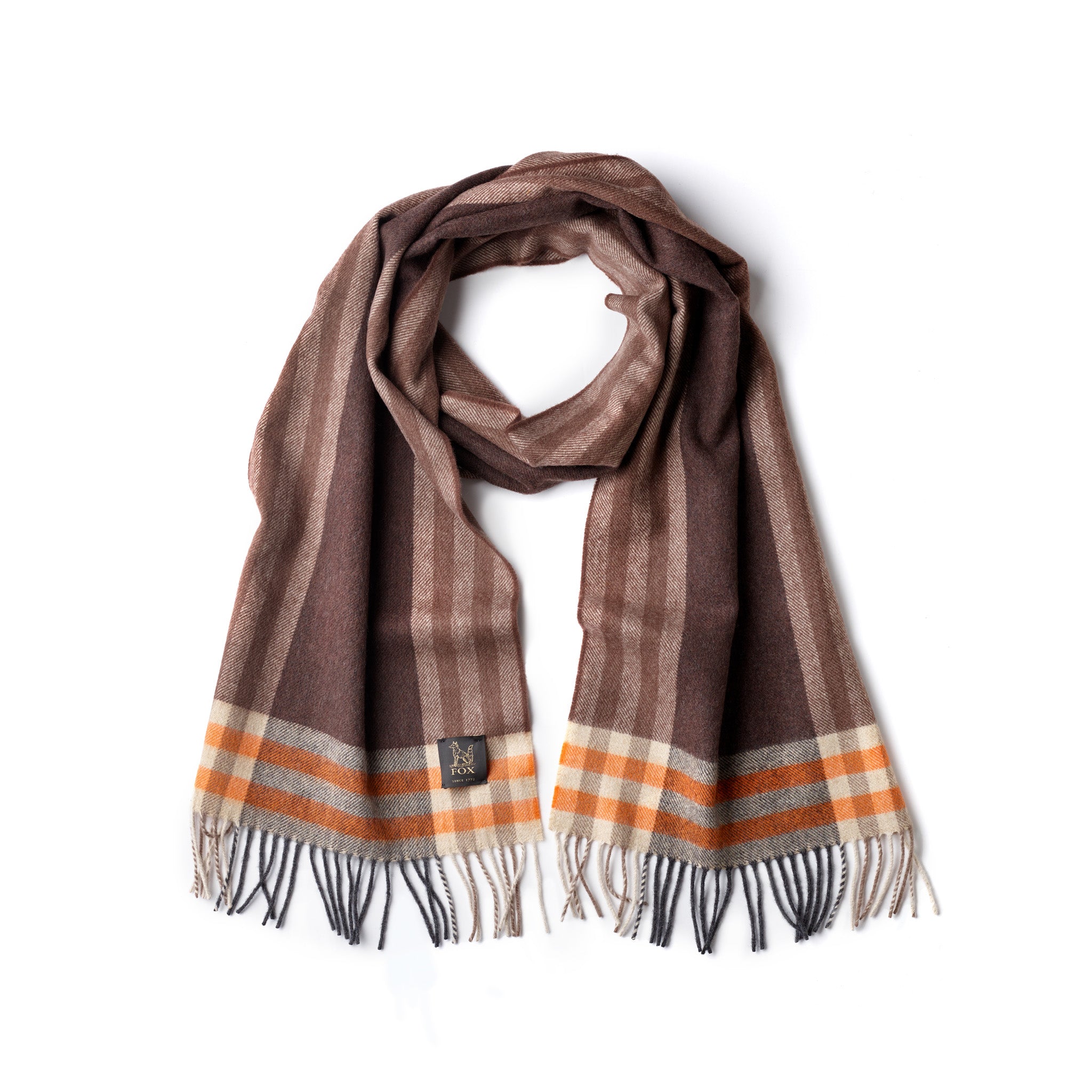Fox Brown and Orange Cashmere & Wool Check Scarf draped on a white background
