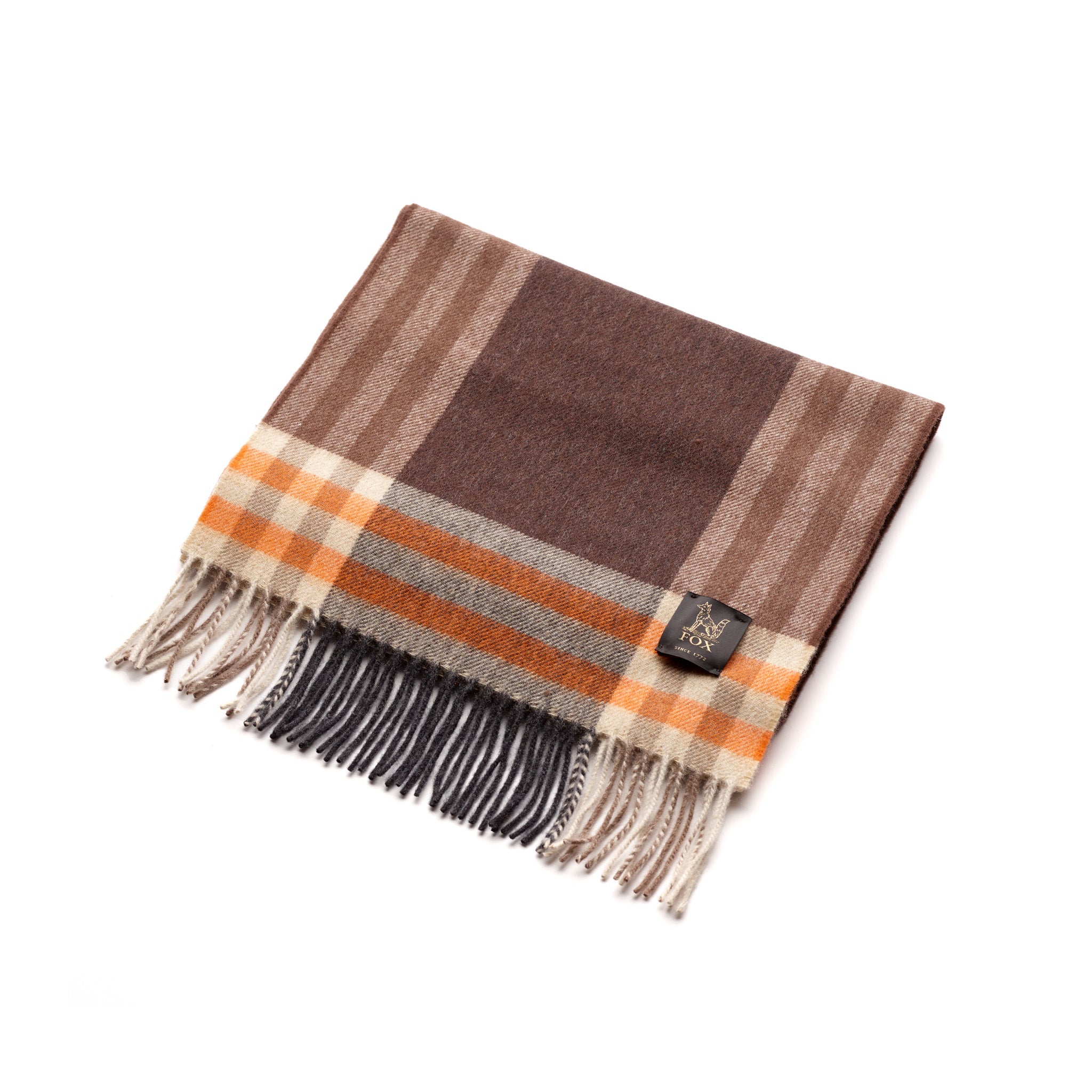 Fox Brown and Orange Cashmere & Wool Check Scarf folded to show check pattern and tasselled hem