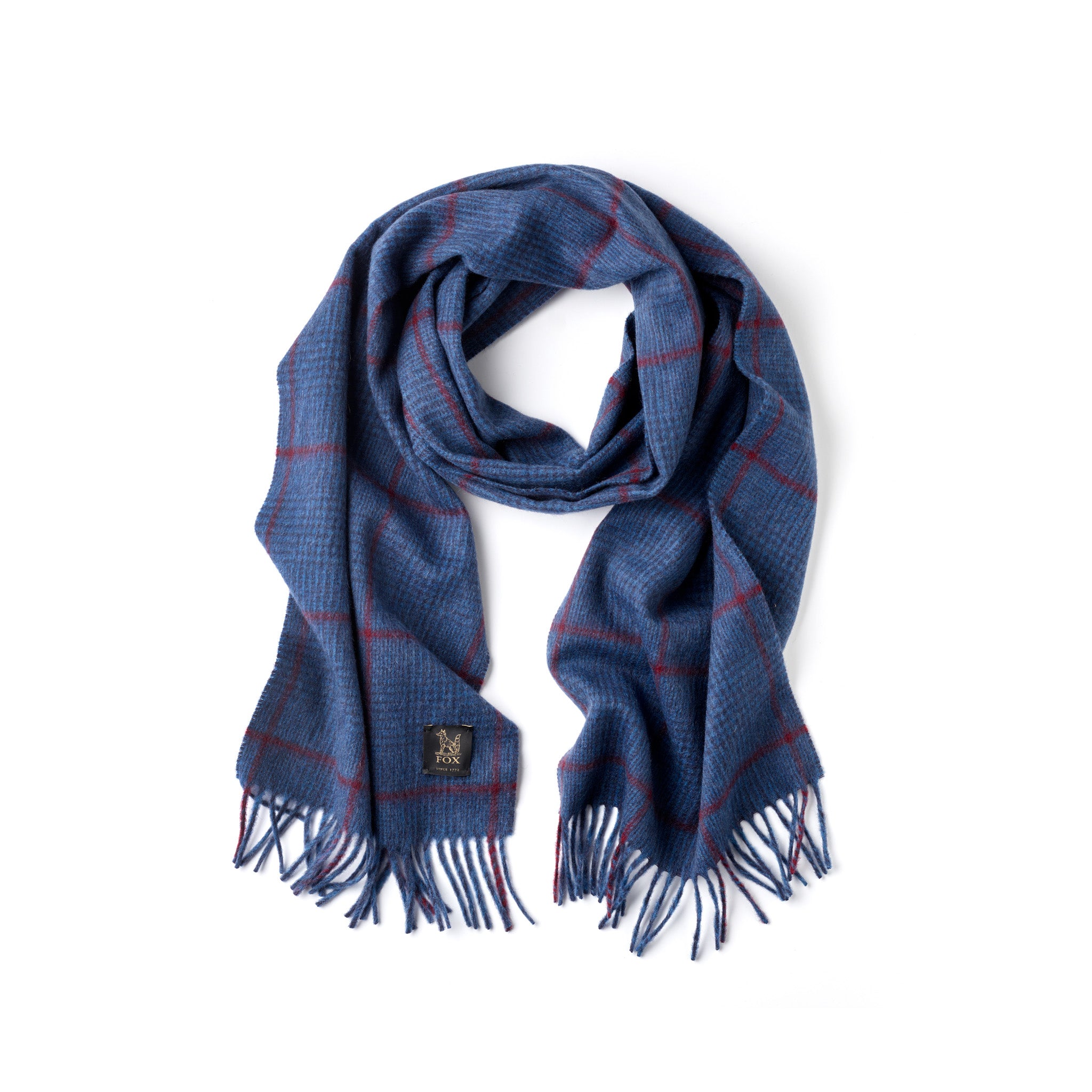 Fox navy heather and crimson cashmere scarf on white background