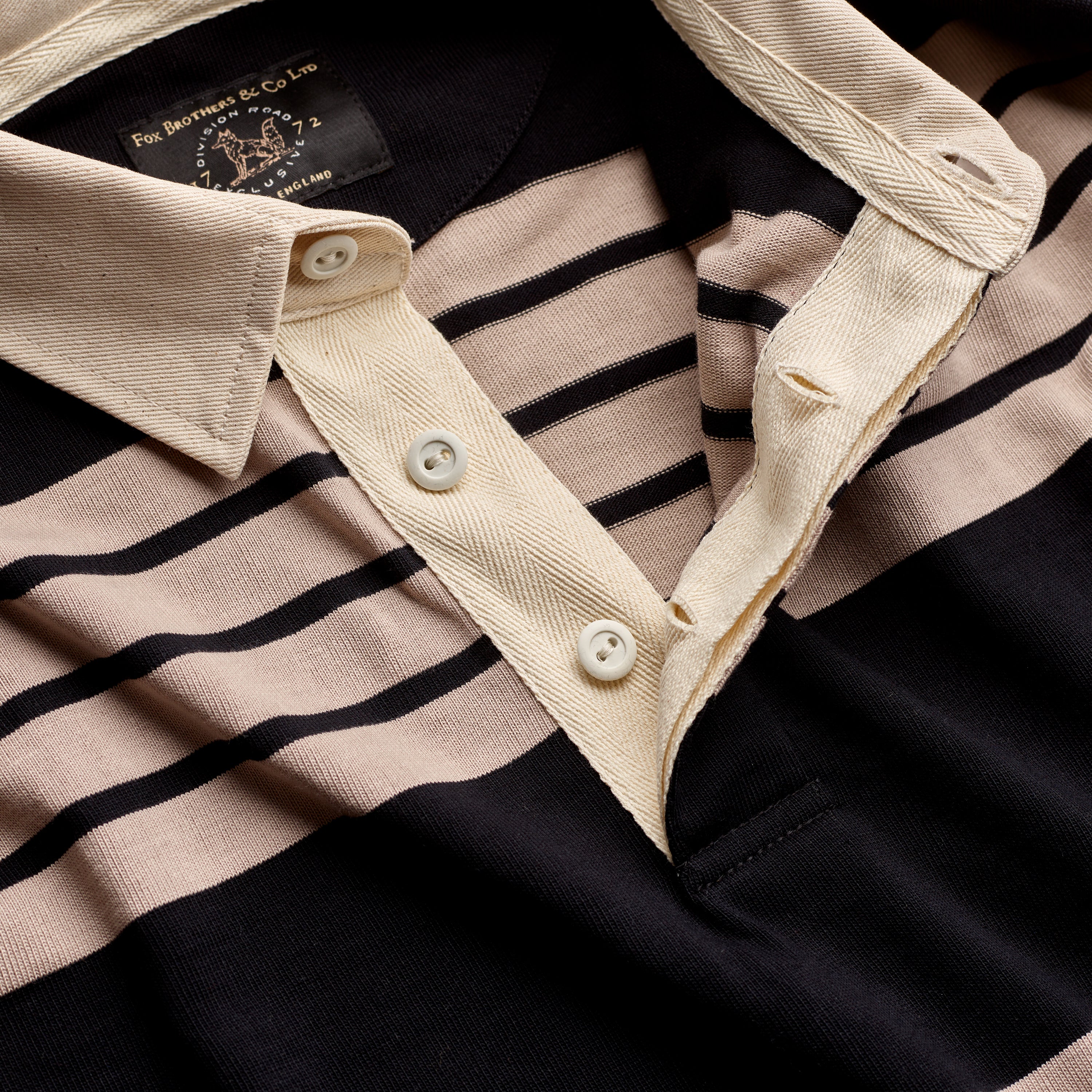 FOX x DR Heritage Rugby Shirt in Black & Khaki Stripe