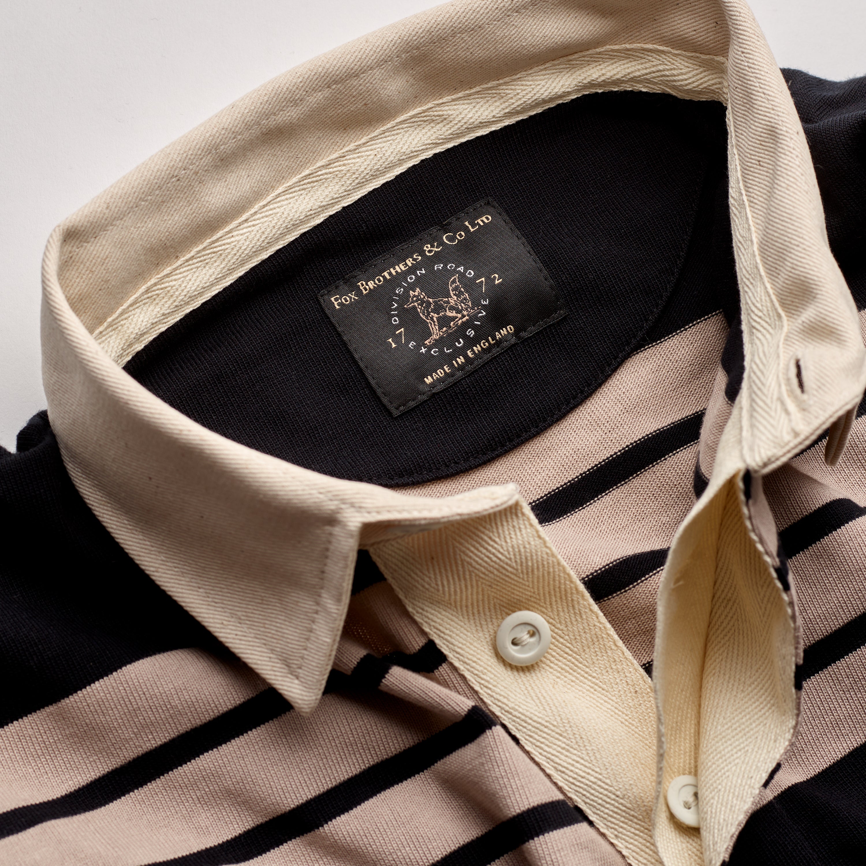 FOX x DR Heritage Rugby Shirt in Black & Khaki Stripe