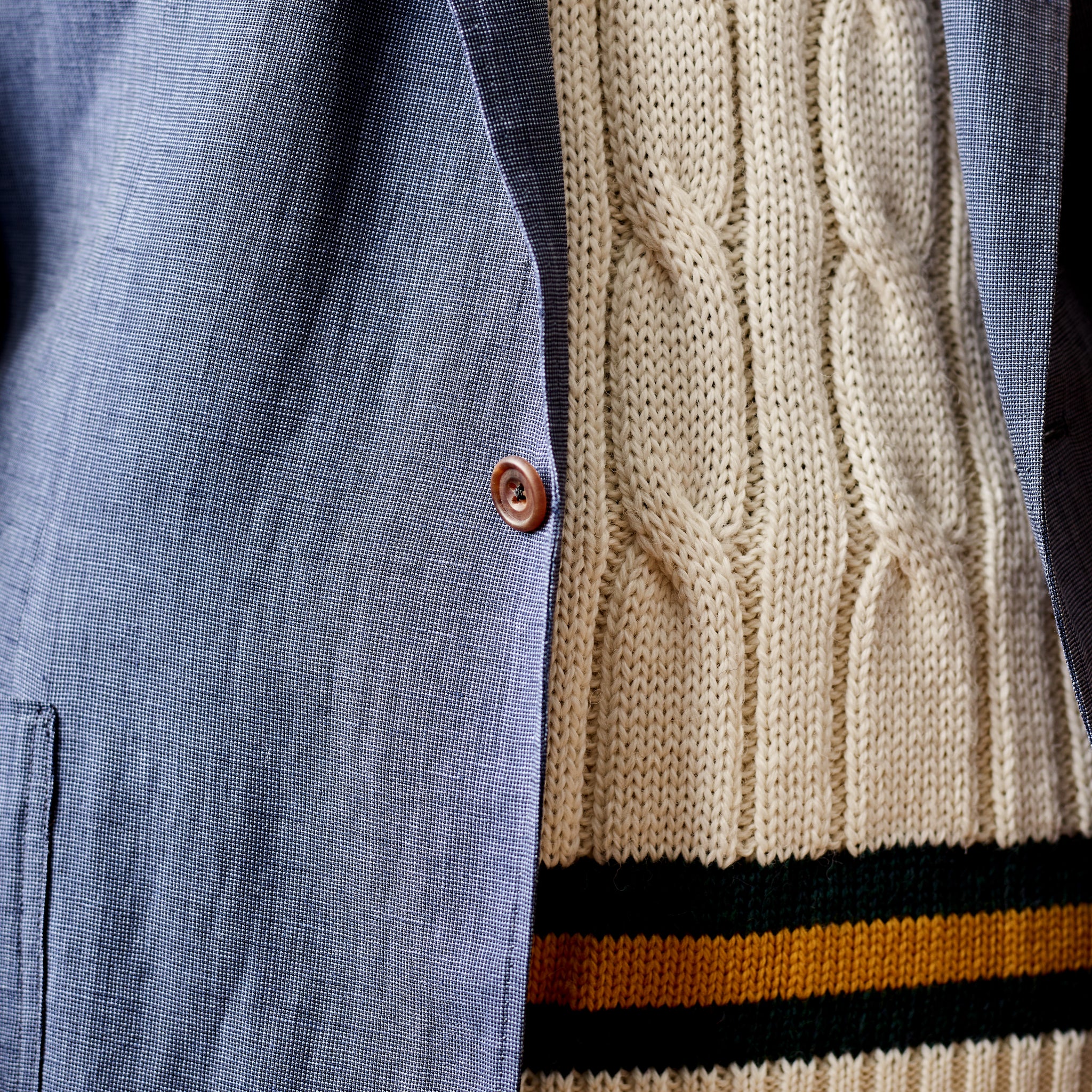 Fox Cricket Club Ecru Sweater with Green & Gold Stripes