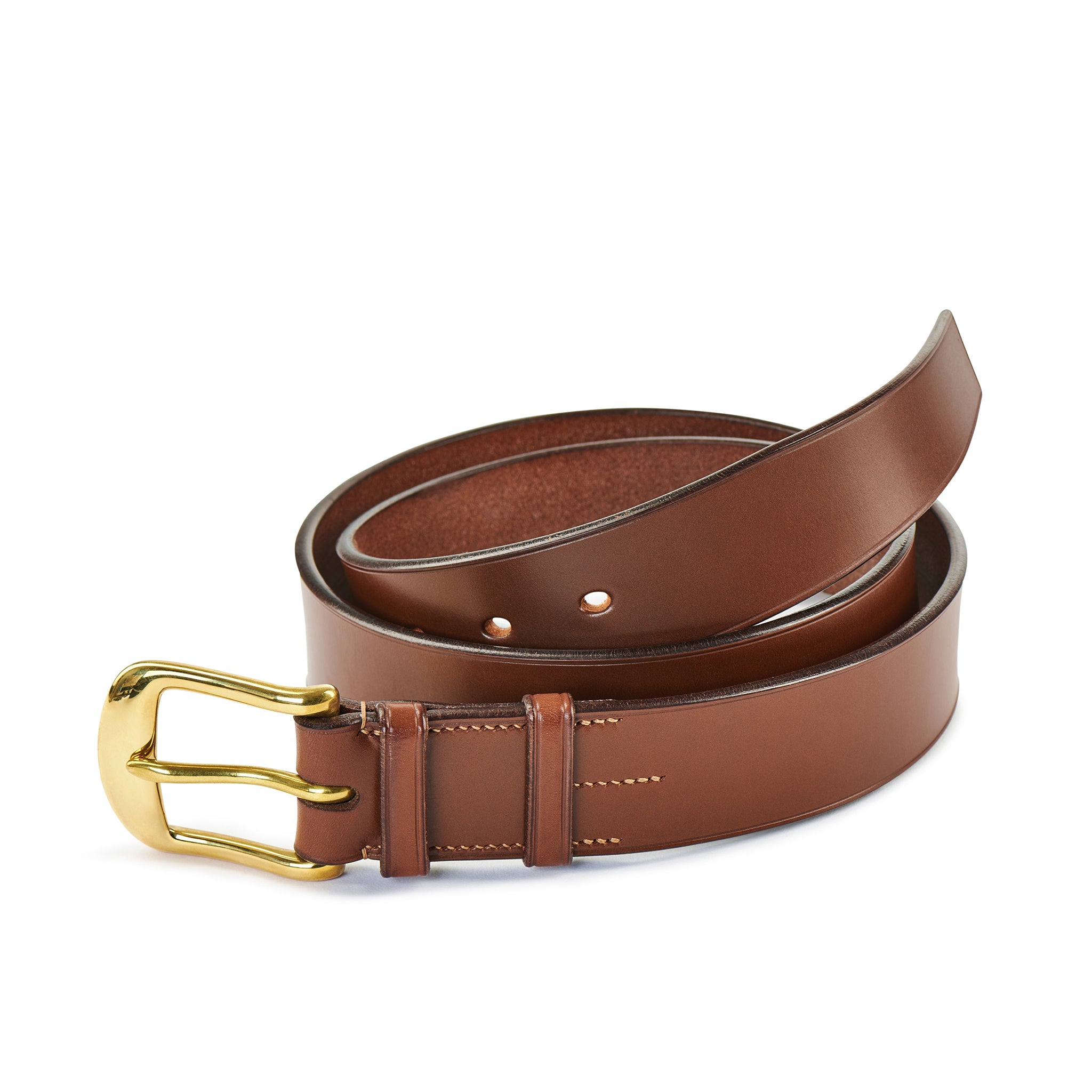 Plain chestnut bridle leather belt with brass buckle, handmade in England