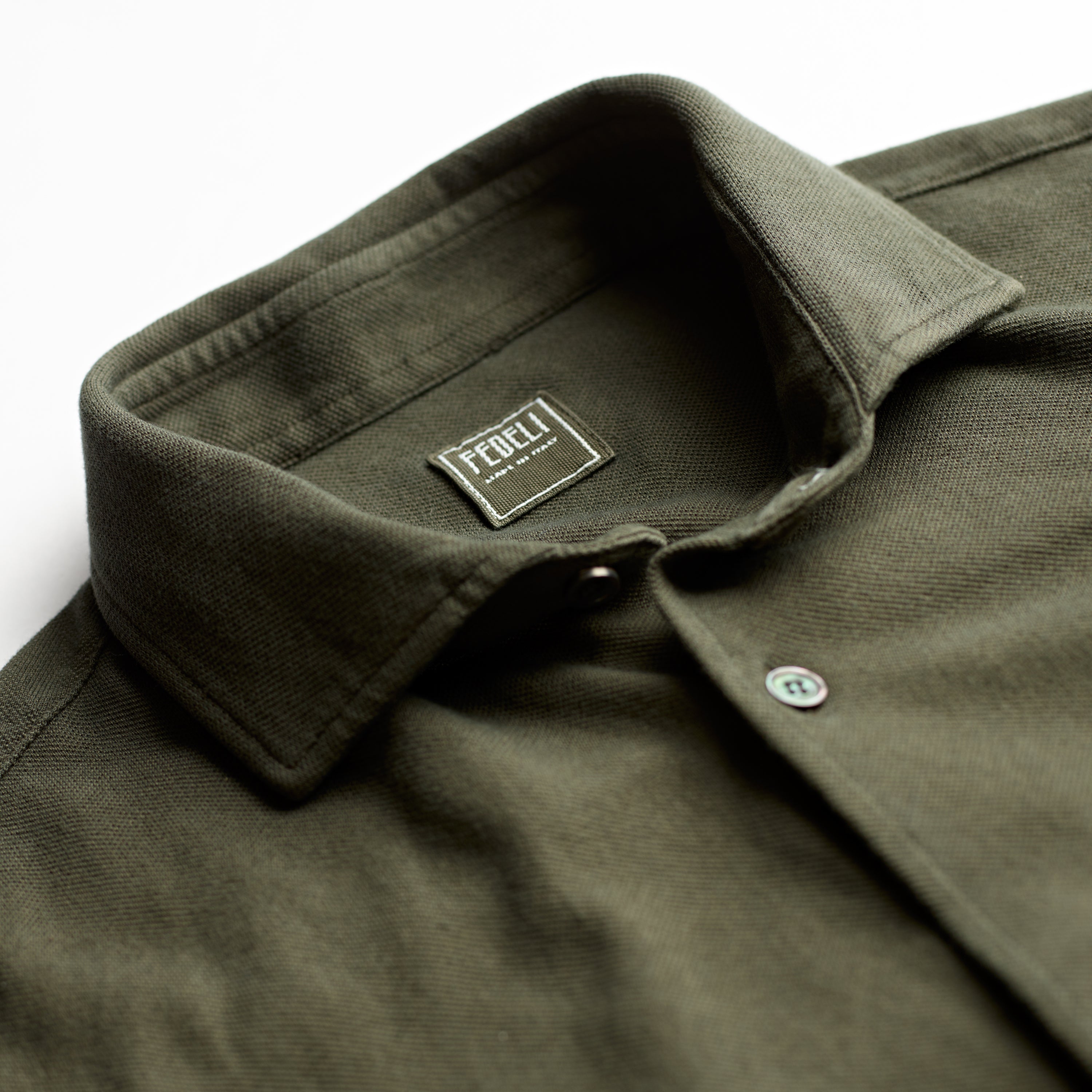 Fedeli Classic Long Sleeve Knitted Pique Polo Shirt Forest Green Collar