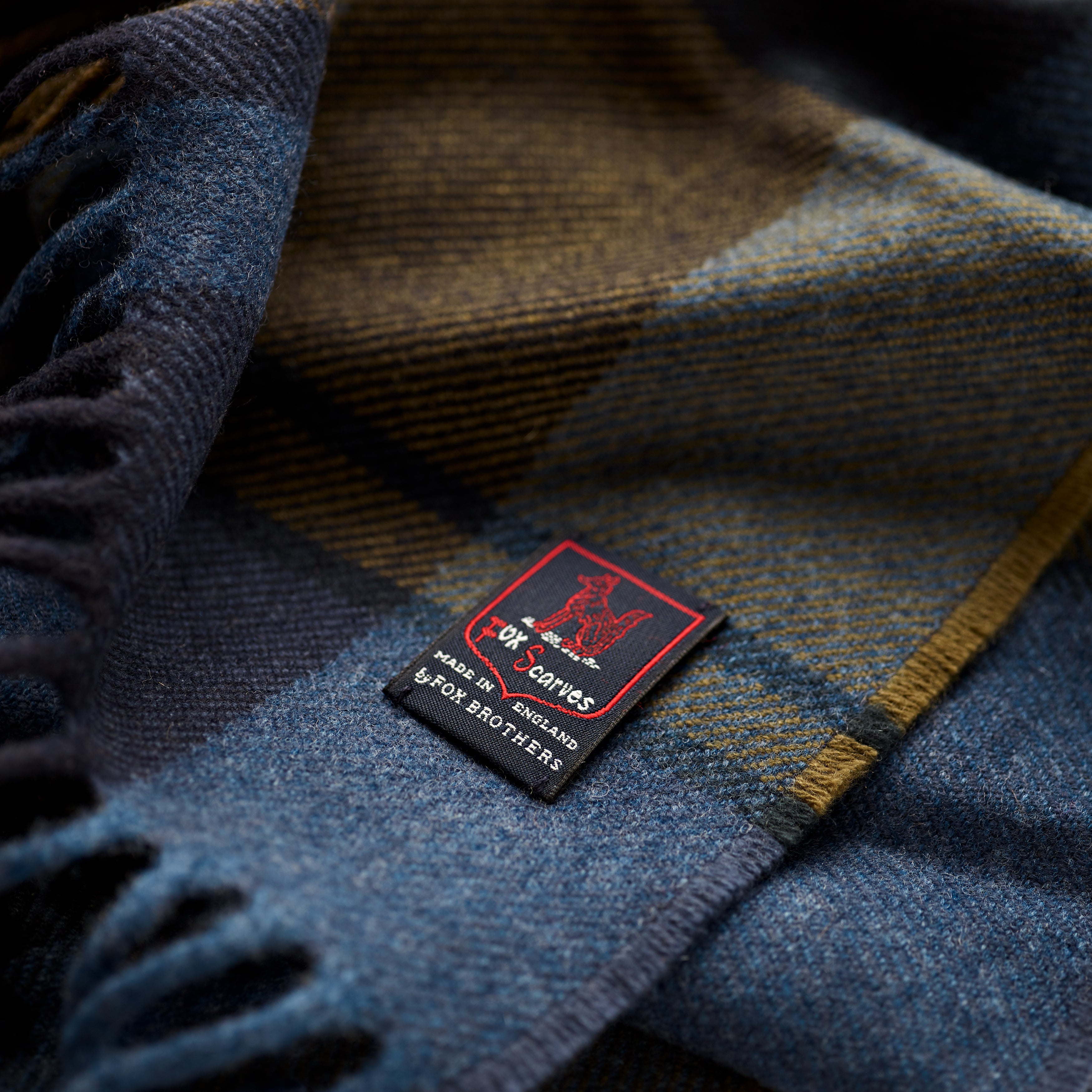 FoxBrothers-Luxury-51%-Cashmere-49%-Merino-Wool-Scarf-Olive-Blue-Check.