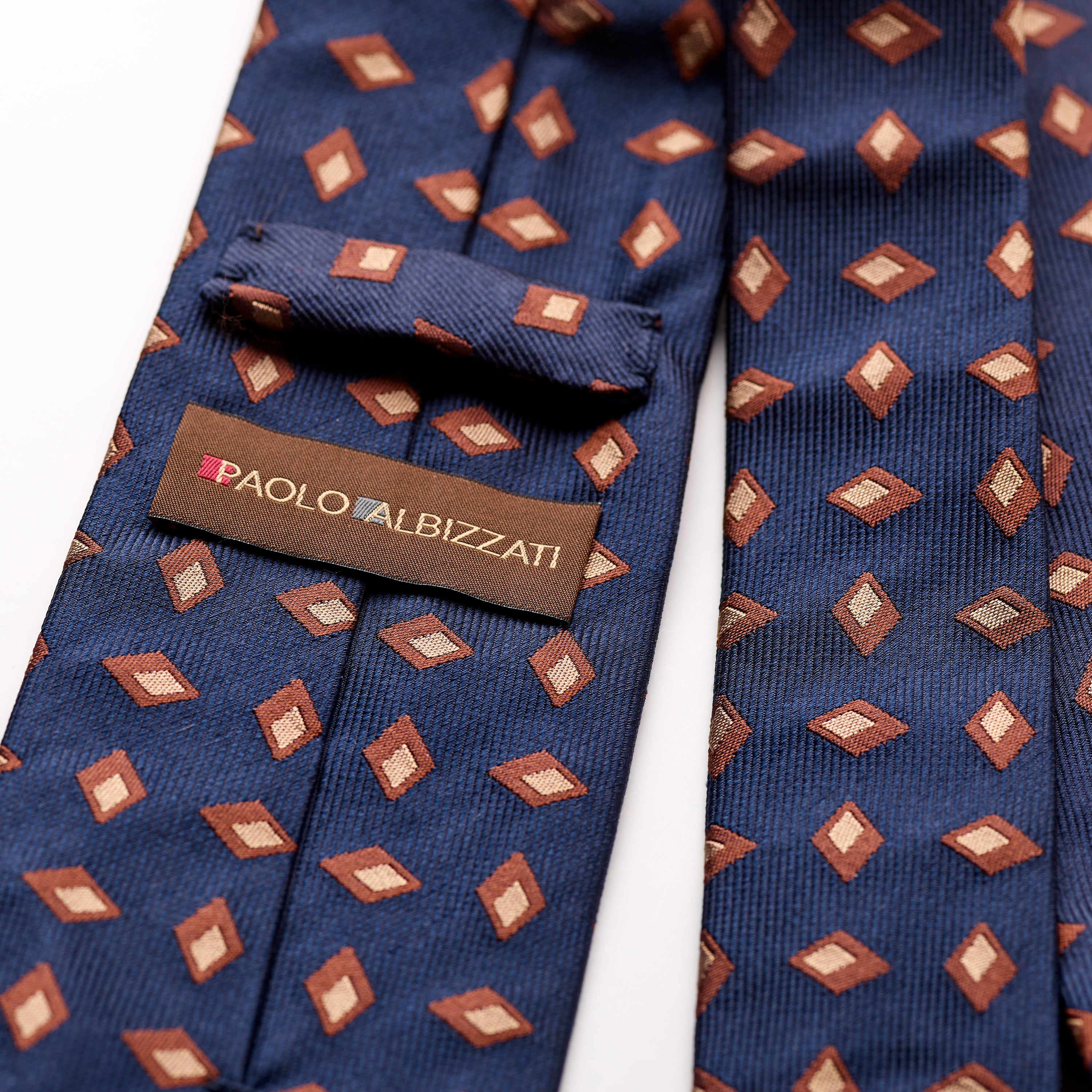 Paolo Albizzati 3 fold Dark Navy with large chestnut foulard woven silk tie.