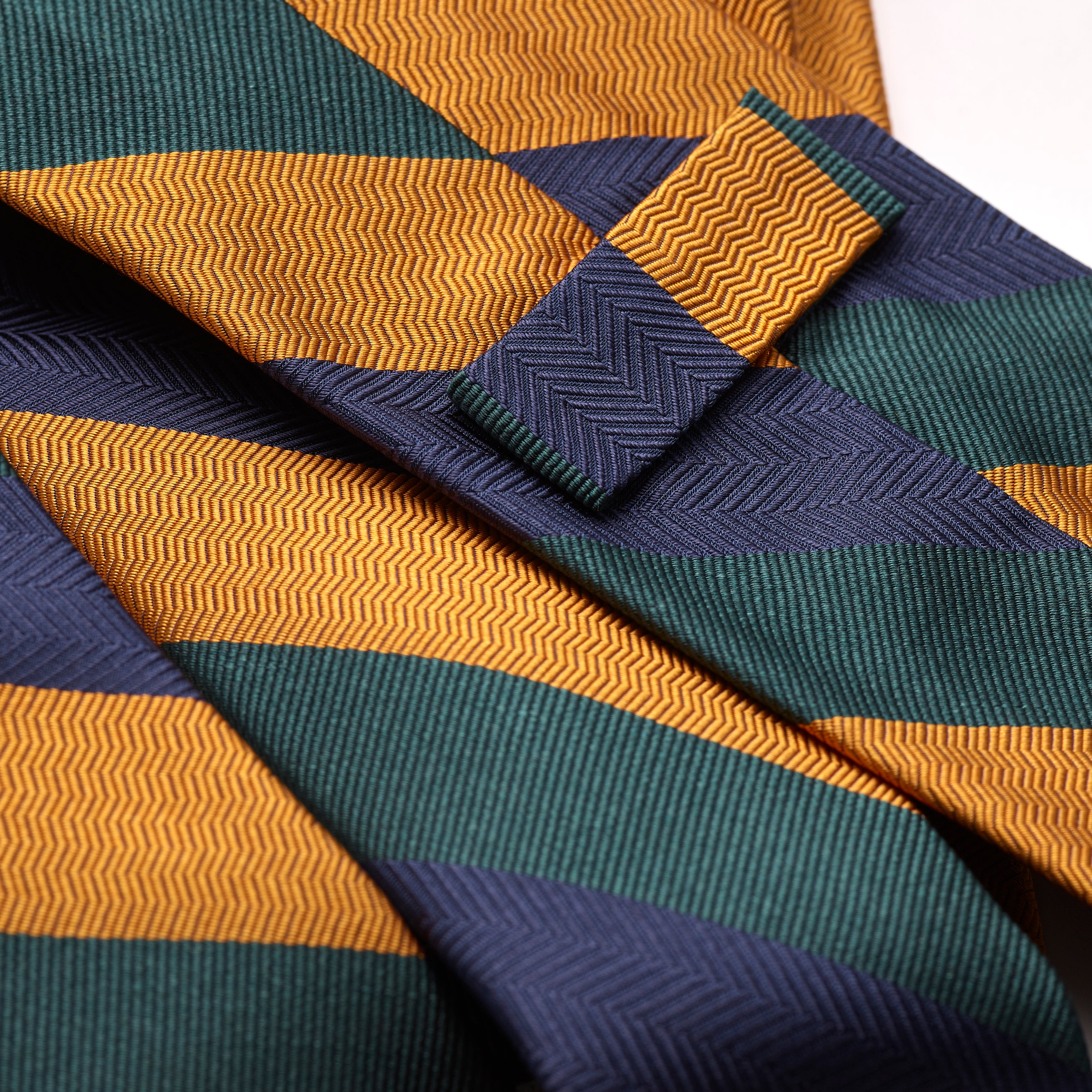 F. Marino 4 Fold Navy, Green & Gold Stripe Silk Tie