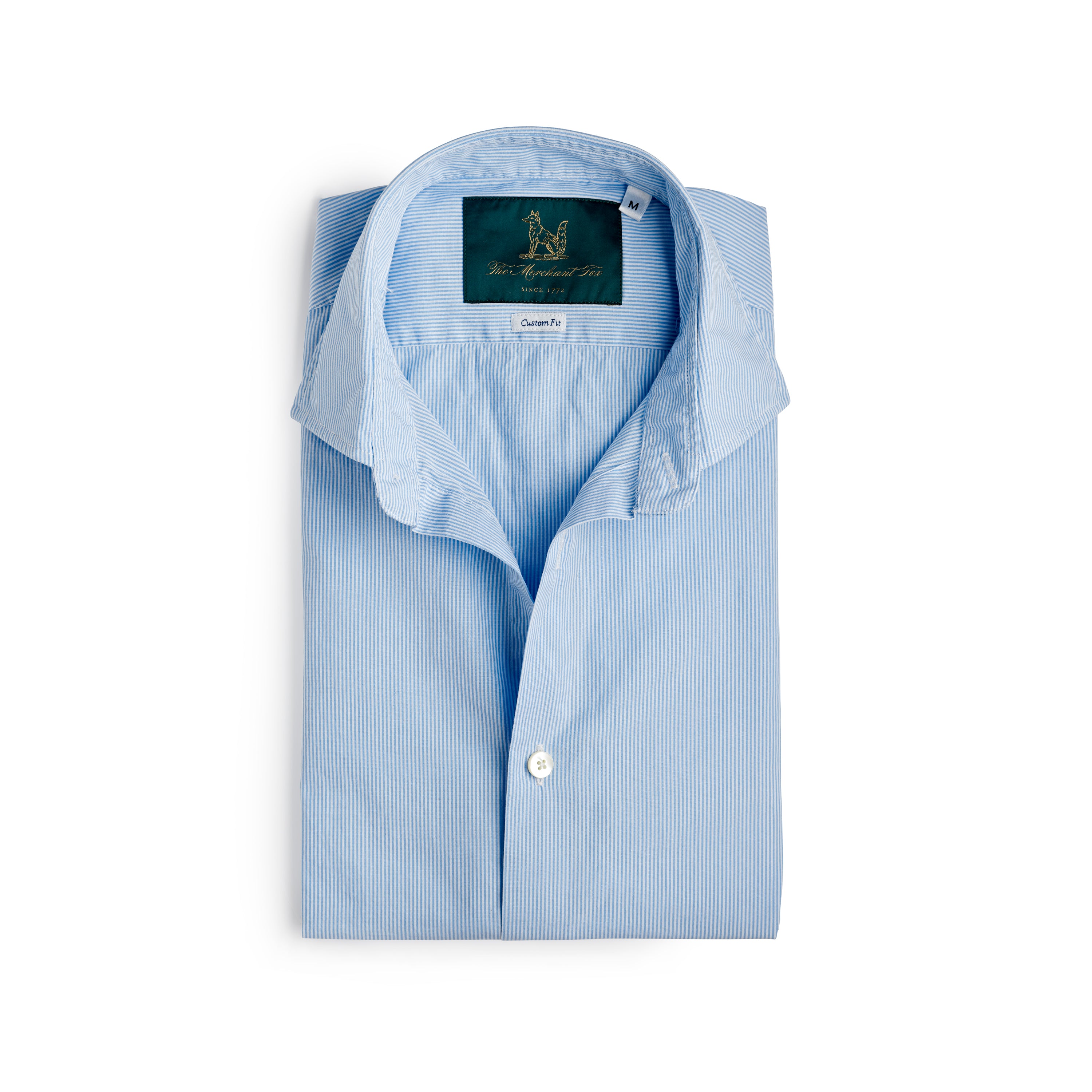 Spread Collar Cotton Shirt in White & Light Blue Thin Stripes