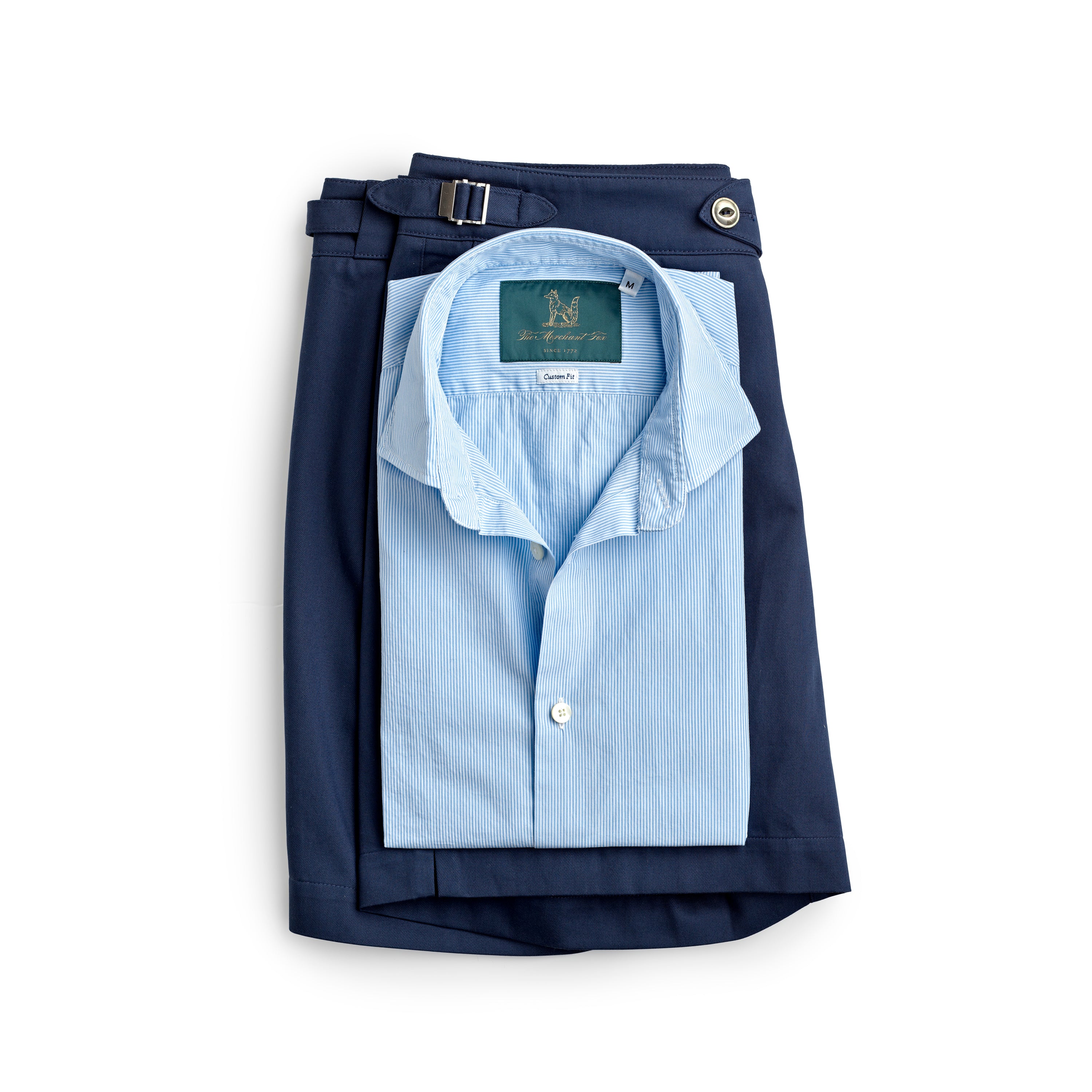 Spread Collar Cotton Shirt in White & Light Blue Thin Stripes