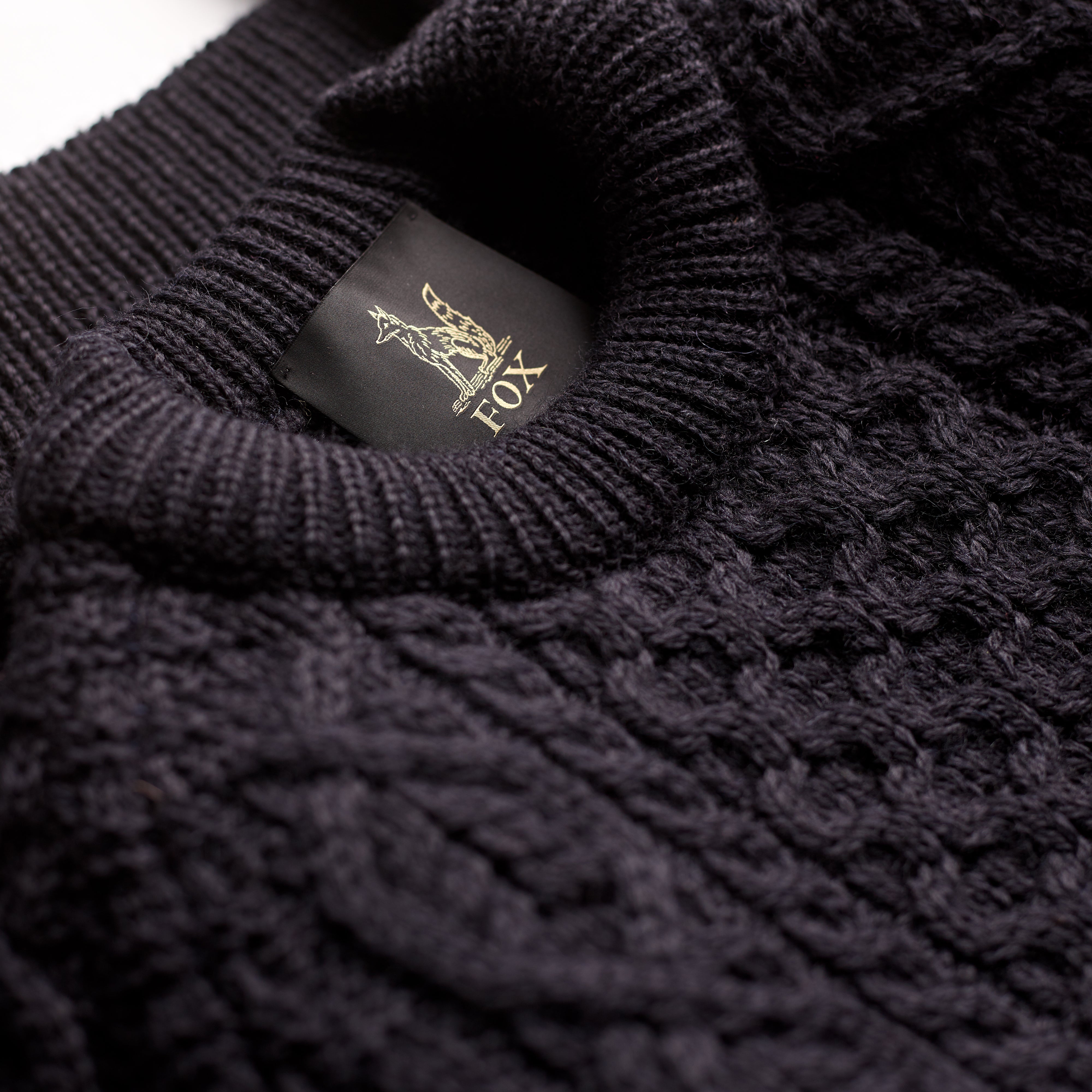 Navy Wool Cable Knit Jumper Collar & Label