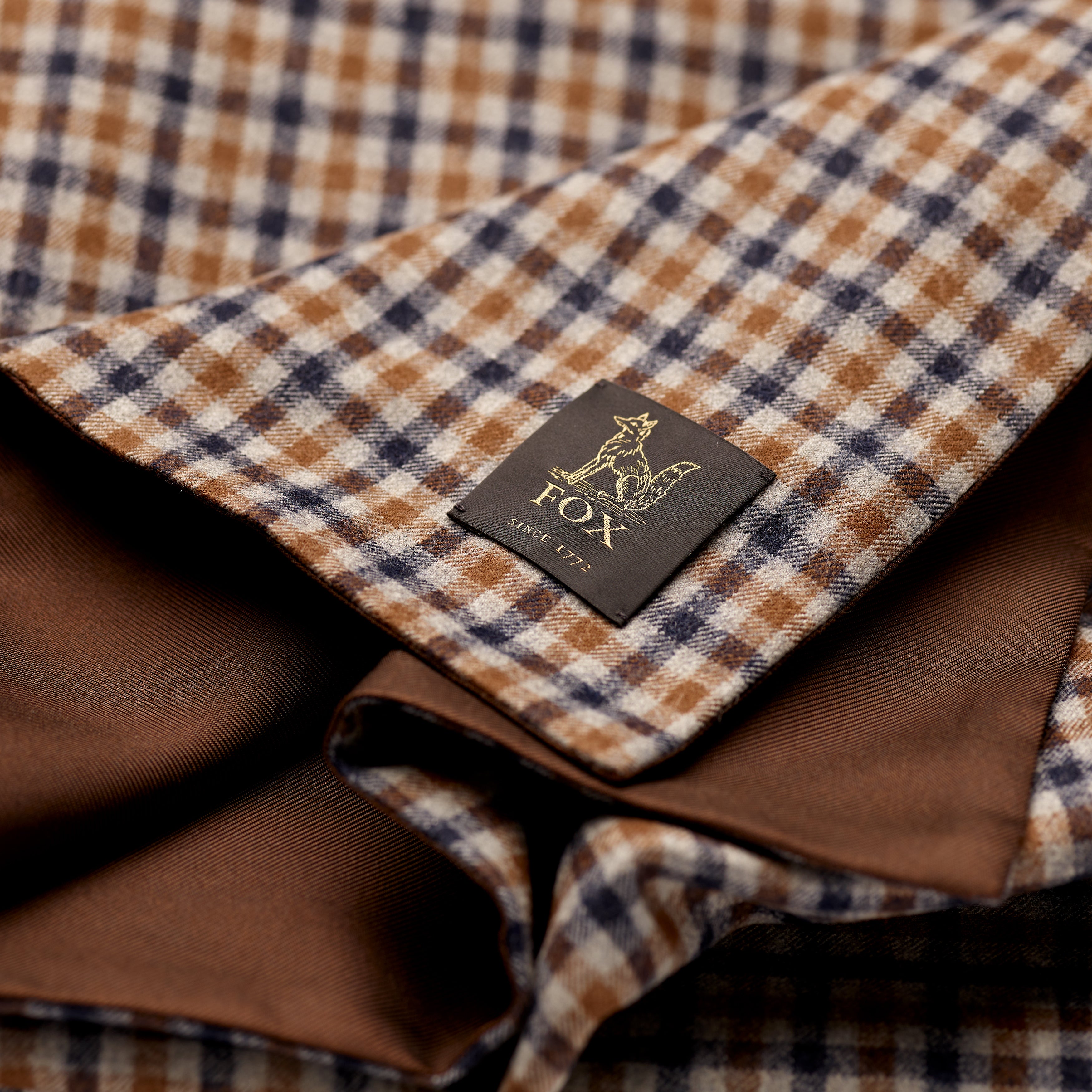 Fox Gun Club Check Flannel and English Hickory Brown Silk Tubular Scarf Label