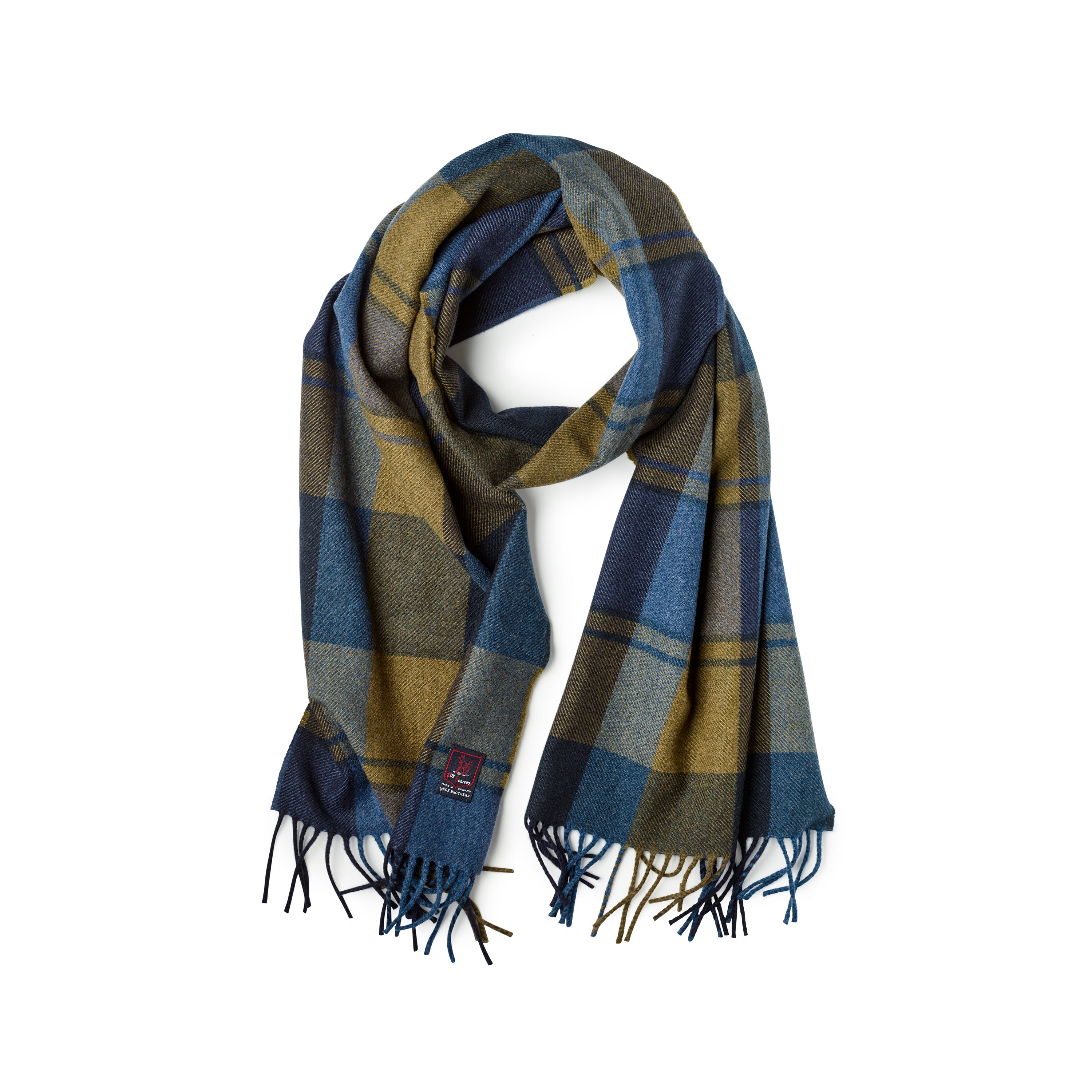Fox Olive and Blue Check Cashmere & Merino Wool Scarf