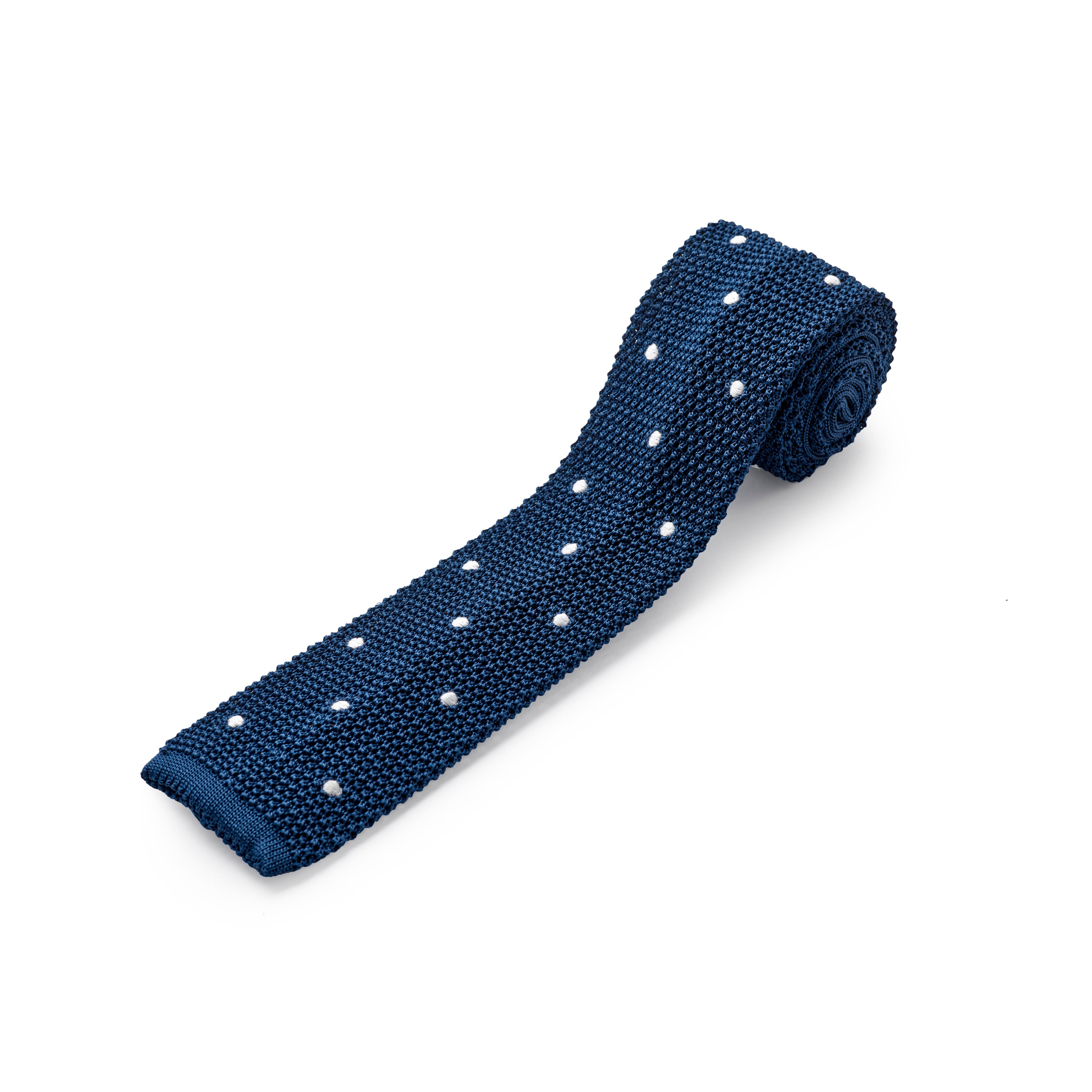 Navy Blue and White Polka Dots Silk Knitted Tie