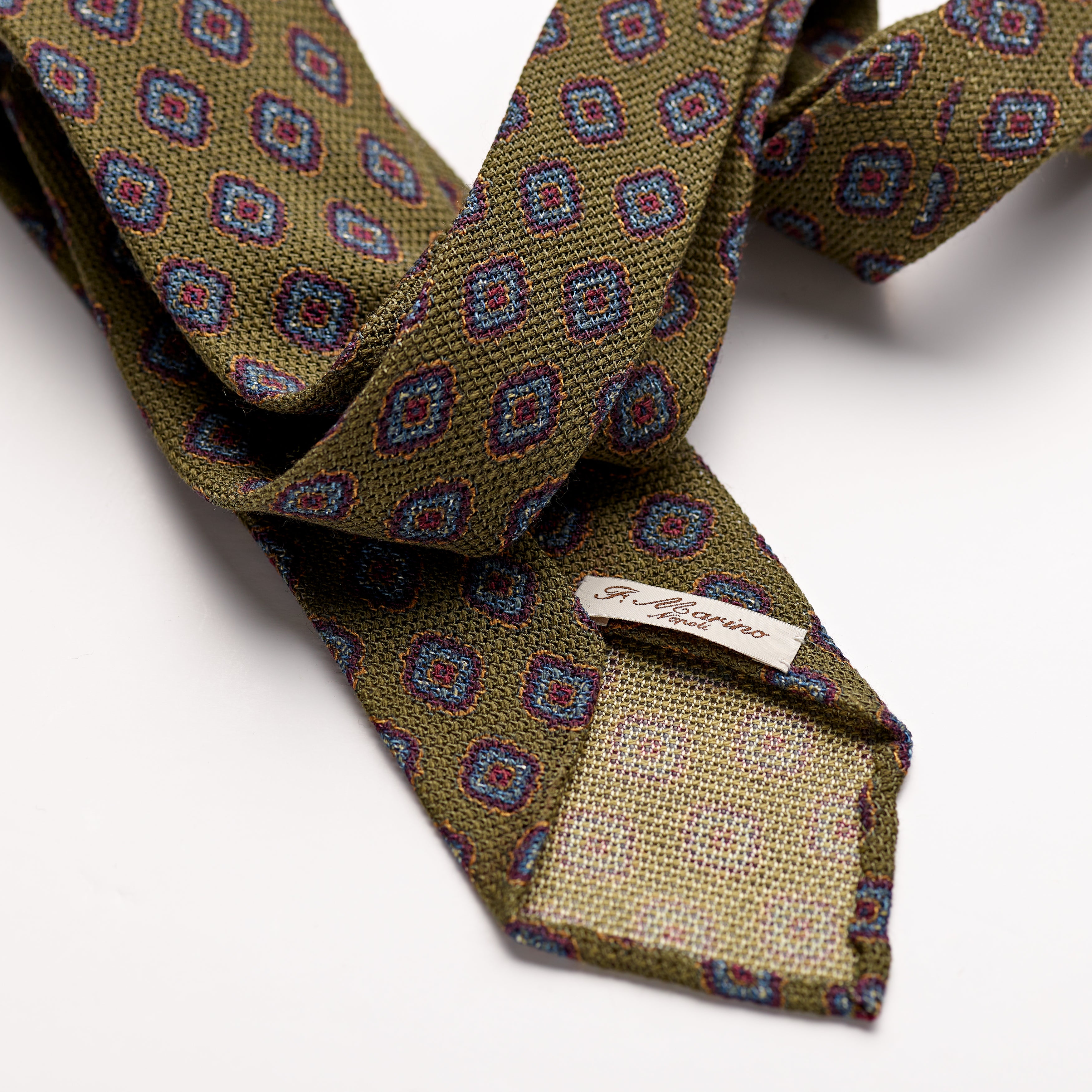 F. Marino 4 Fold Olive Wool and Silk Challis Tie