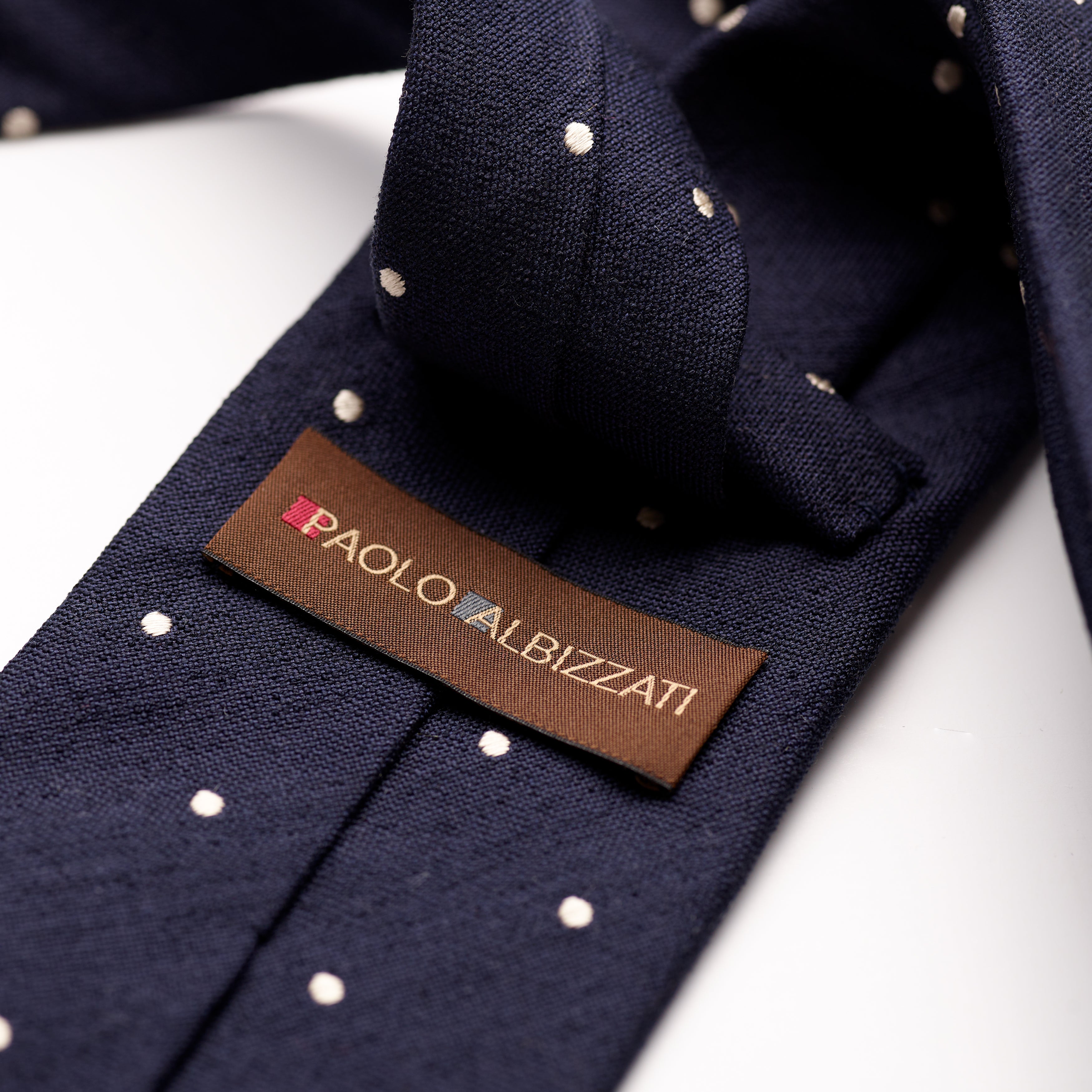 Paolo Albizzati 3 fold Navy Blue with ecru polka dot silk boucle tie